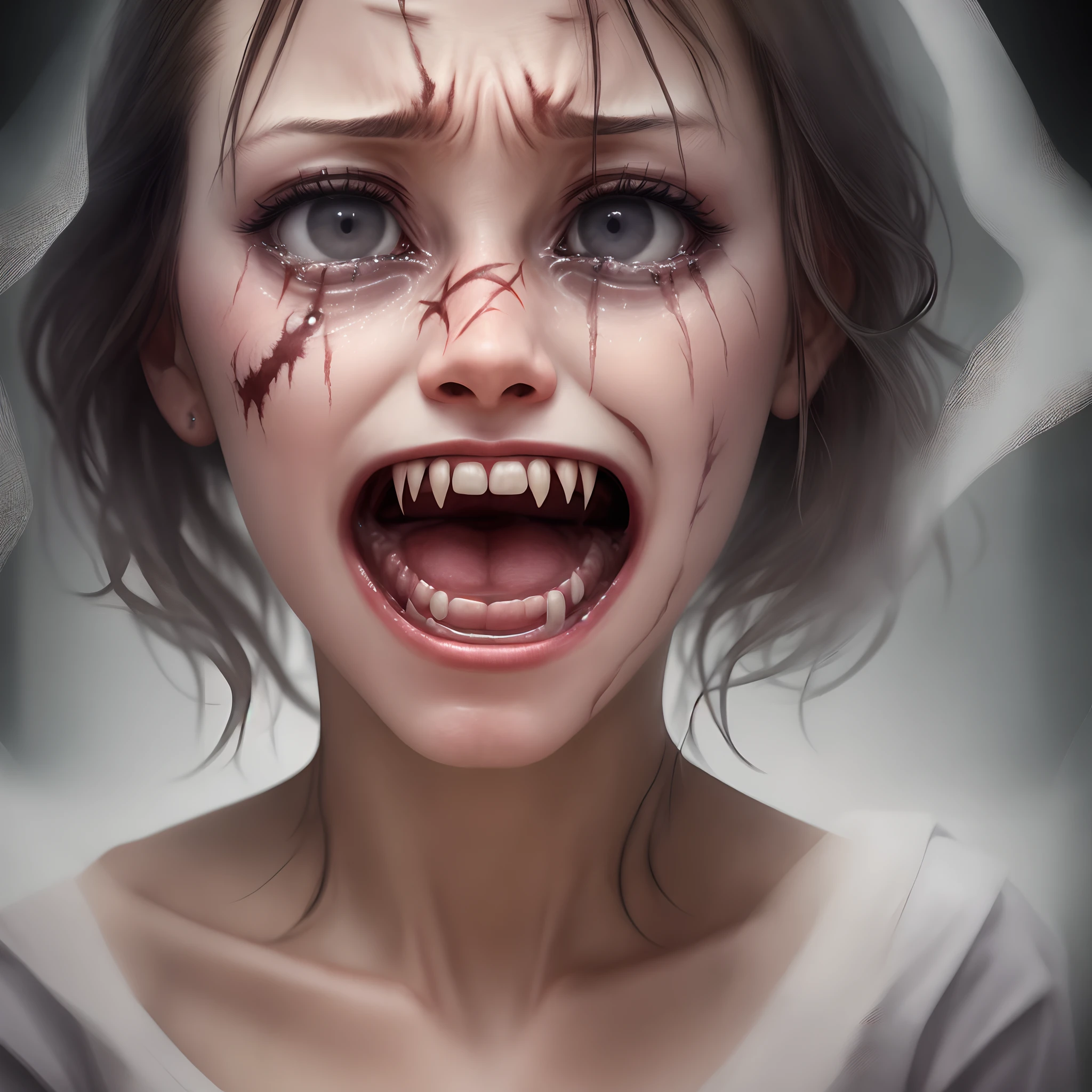 Female, unwrapped,, scars, scared, crying, screaming, mouth open, face against glass, realistic, horror,