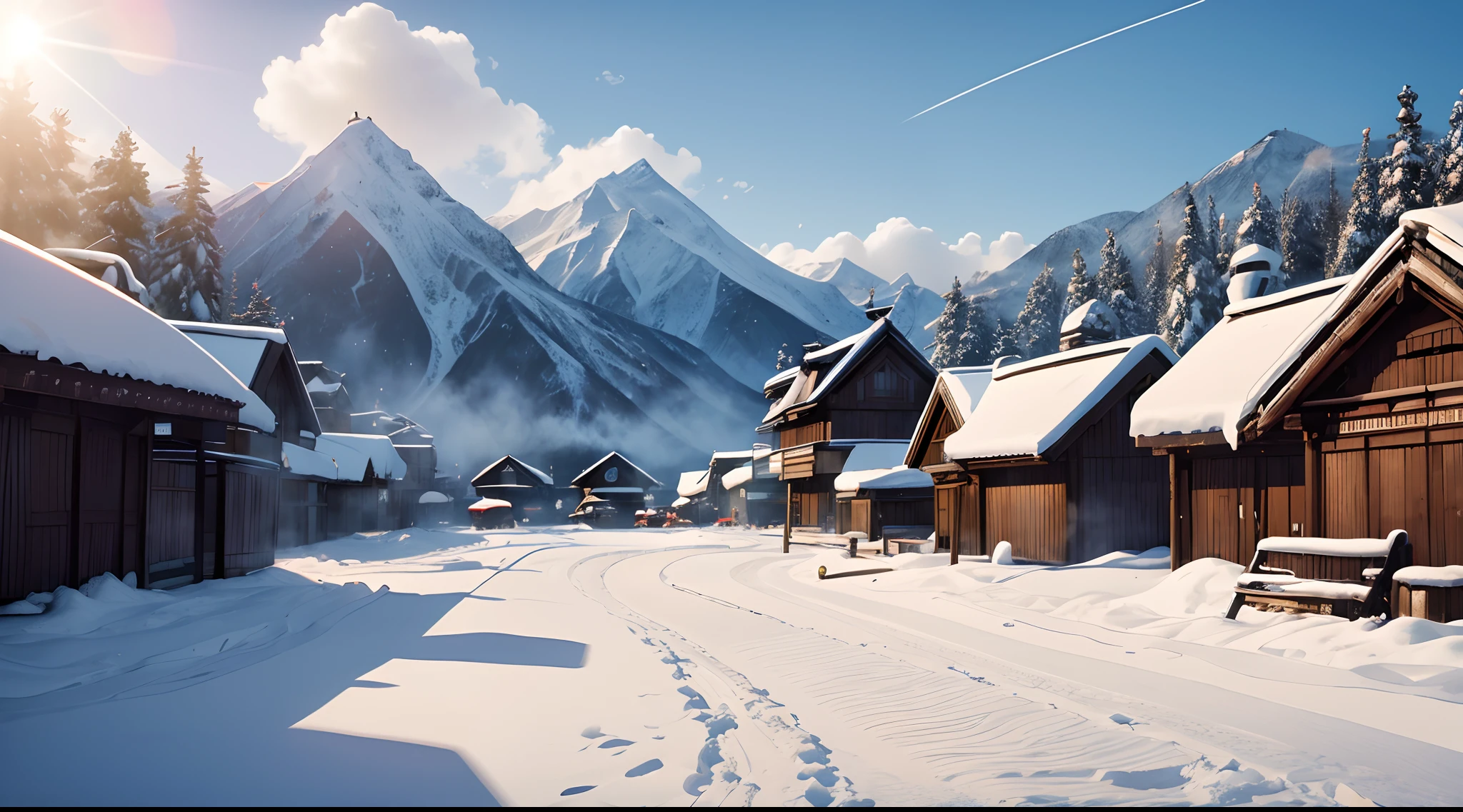 masterpiece, Highly detailed, super realistic, detailed background, bright Lighting, Daylight,
 4k, 8k,  (Ainu folk style),
(Winter Village Square),