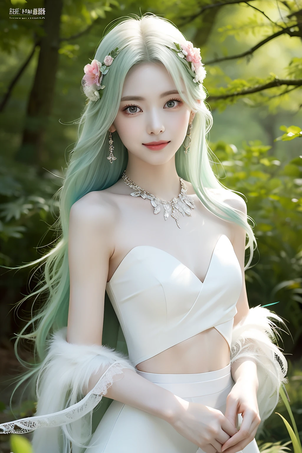 (Realistic), (Hyper-Realism),Best Quality, masutepiece,超A high resolution, (Photorealistic:1.4),1girl in,pale skin,skinny,(Looking at Viewer:2), forest, Flowers, Sunlight,
(Green and white gradient hair color、Earrings of bird feathers up to the shoulders、a necklace、Colorful tops、Split abs、a smile）Bare shoulders, Long hair, Cowboy Shoot,