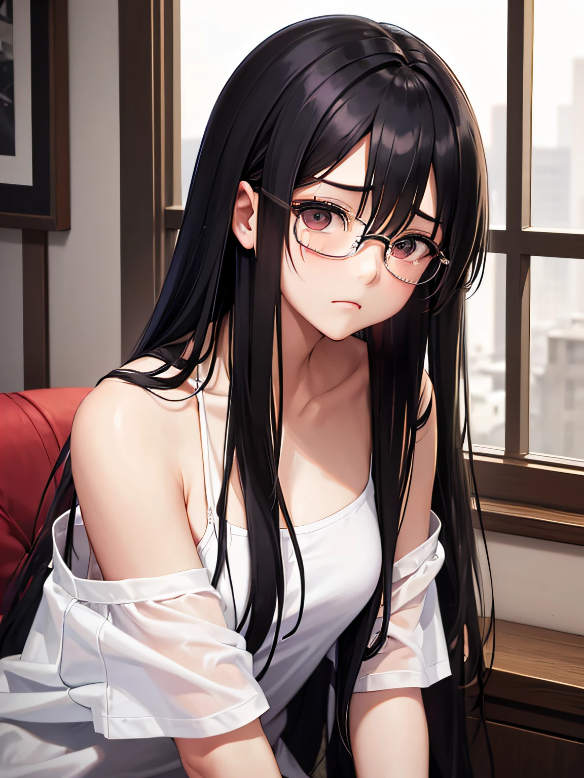 masterpiece、20 year old girl with long black hair wearing glasses、Sad and crying、Looking at the camera、Wearing a one-shoulder T-shirt、Exposed skin a lot、Being in the room