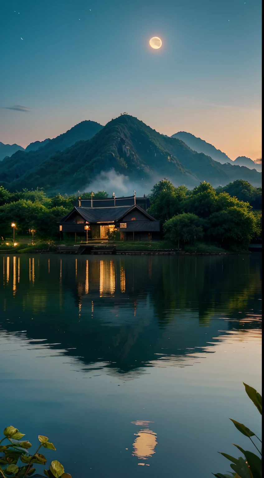 2 little girls wearing Vietnamese costumes having fun with some Asian houses, Vietnamese, Vietnamese, Ha Sang, moon, Lake in the foreground, calm night, Green & Blue, digital illustration, 4k highly detailed digital art, night scenery, anime art wallpaper 4k, anime art wallpaper 4k, 4K detailed digital art, Natural landscape at night, anime art wallpaper 8 k, background artwork, UHD 4K beautiful art, 4 k hd illustrative wallpaper
