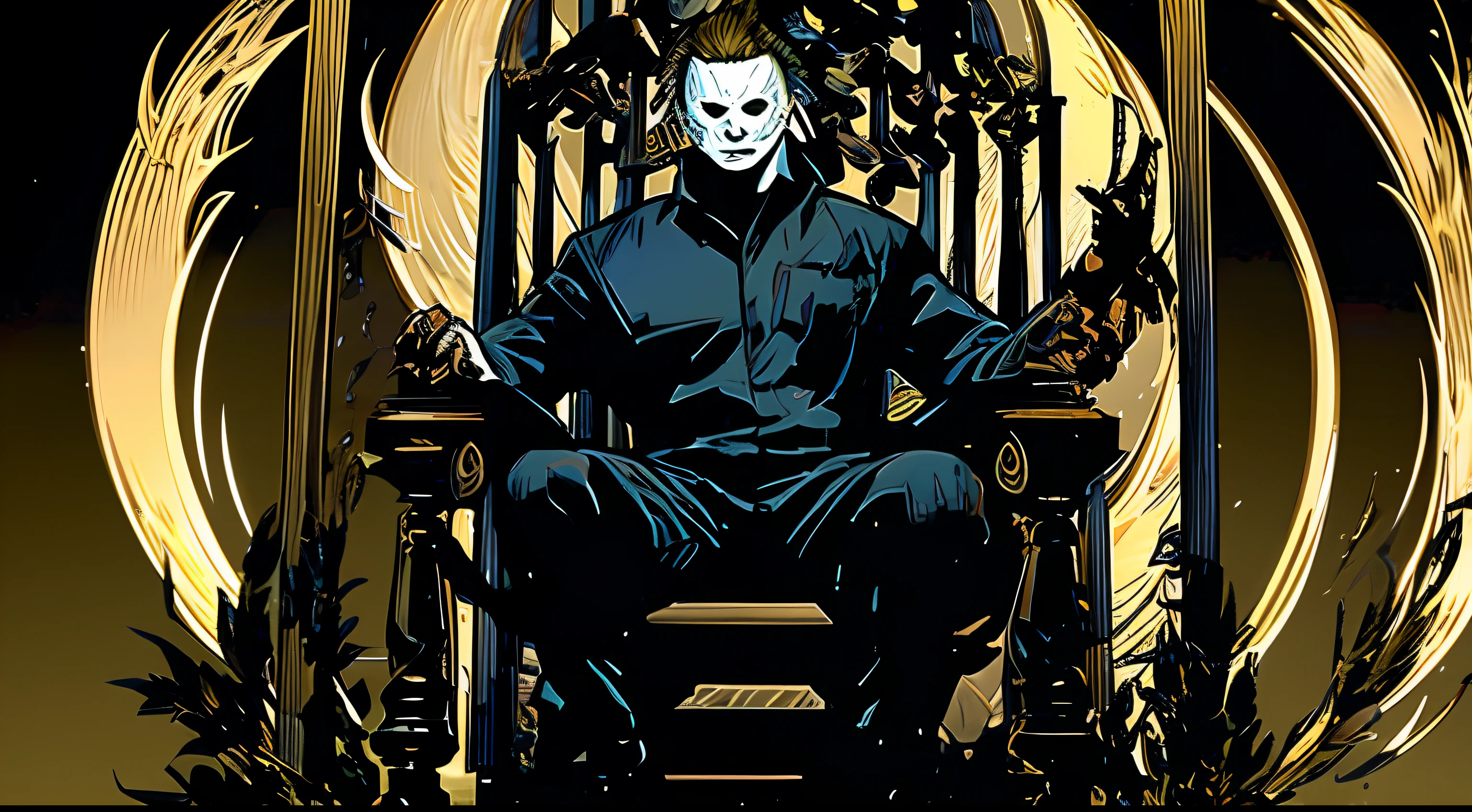 Michael Myers, all powerful, on a throne, mortal Kombat tower ending style