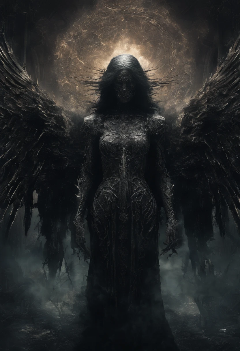 Cosmic Fallen Angel, Glowing light eyes, biomechanical, eldritch, Creepy, nightmarish, Very bright colors, light particles, with luminous light, Wallpaper Art, UHD wallpaper,medieval garb