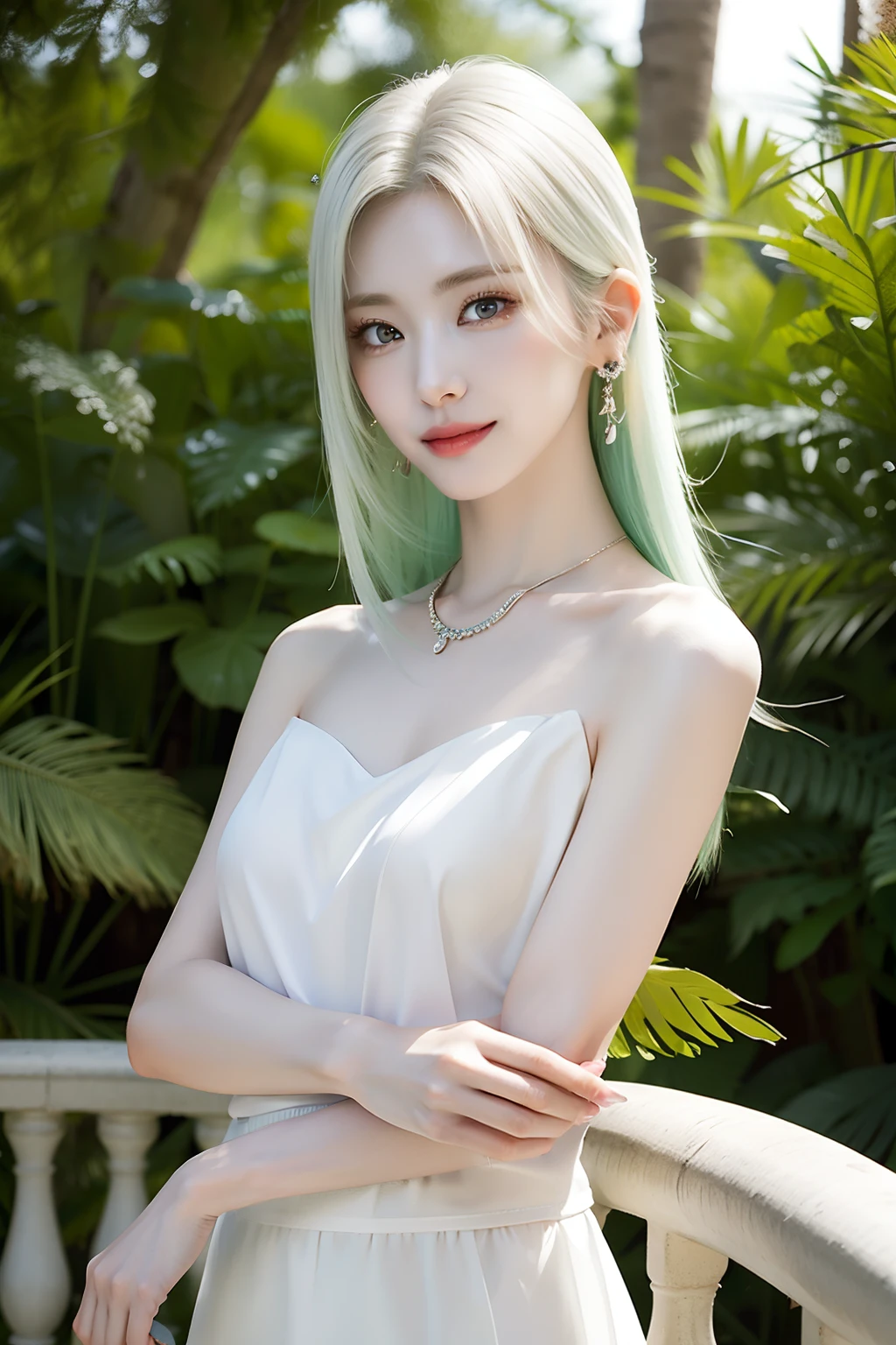 (Realistic), (Hyper-Realism),Best Quality, masutepiece,超A high resolution, (Photorealistic:1.4),1girl in,pale skin,skinny,(Looking at Viewer:2), forest, Flowers, Sunlight,
(Green and white gradient hair color、Earrings of bird feathers up to the shoulders、a necklace、Colorful tops、Split abs、a smile）Bare shoulders, Long hair, Cowboy Shoot,