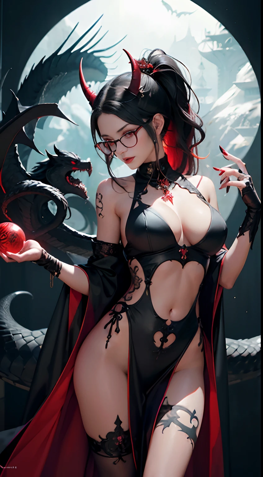 Fine、(The best illustrations)、8k UHD resolution、intricate-detail、top-quality、realisitic、ultra-detailliert、The best lighting、Best Shadows、Soft lighting、Ulutra HD、1 beautiful devil woman from hell, surreal female portraits by David Hockney and Alphonse Mucha, Fantasy Art, Chinese Doll、Dungeon and Dragon、Devil's Palace、Devil's Torture Chamber、magia、 A Necromancer、natta、Dark style、Succubus、Devil's Daughter、Bat Wings,(((Demon Horns)))、((((black-rimmed round glasses))))、(((Colossal tits)))、(Devil's Tail)、(red eyes glowing:1.6)、 intricate tattoos, demonic intricate tattoos, thigh tattoos, body tattoos, masterpiece、beautiful countenance、Muscular seductive body、The enchanting body of the devil、Seductive Black Magic Costume、A shiny red snake is wrapped around her hand、Tindall Effect、photos realistic、(High Detail Skins:1.2)、 (Intricate details, makeup, pureerosface_v1:0.5), (Detailed beautiful delicate face, Detailed beautiful delicate eyes, A perfectly proportioned face, High detailed skin, Detailed skin, best ratio four finger and one thumb, arms below breasts, Tattoo with a red glow under the stomach、Awesome awesome, wide hips, smooth midriff, skiny and thin, __Fashion__, __hair__:1.25)、Digital SLR、hightquality、a picture、hight resolution、 absurderes、Ponytail distortion、1人、Red sparkling gemstone necklace、jewely、Beautiful expression、Body Up、Large breasts emphasis、Toned waist、Wide buttocks、Devil's Tail、intricate tattoos, demonic intricate tattoos, thigh tattoos, body tattoos, effect、Photorealsitic、(High Detail Skins:1.2)、In the Dark, lowkey, cowboy lens, (Black Phoenix Dress: 1.0), Seductive Black Magic Costume、Long hair, Black hair, Bust, Devil's Palace, devil crown, red eyes make up very sharp and detailed, The most beautiful face, Super tight breasts, Breast augmentation surgery, The breasts are very big and round and round, Black magic costume、Super realistic , Charming smile, The eyes are very well made up, ((Red Eye:1.0)), guweiz, devil style,Muscular seductive body、 wearing black m