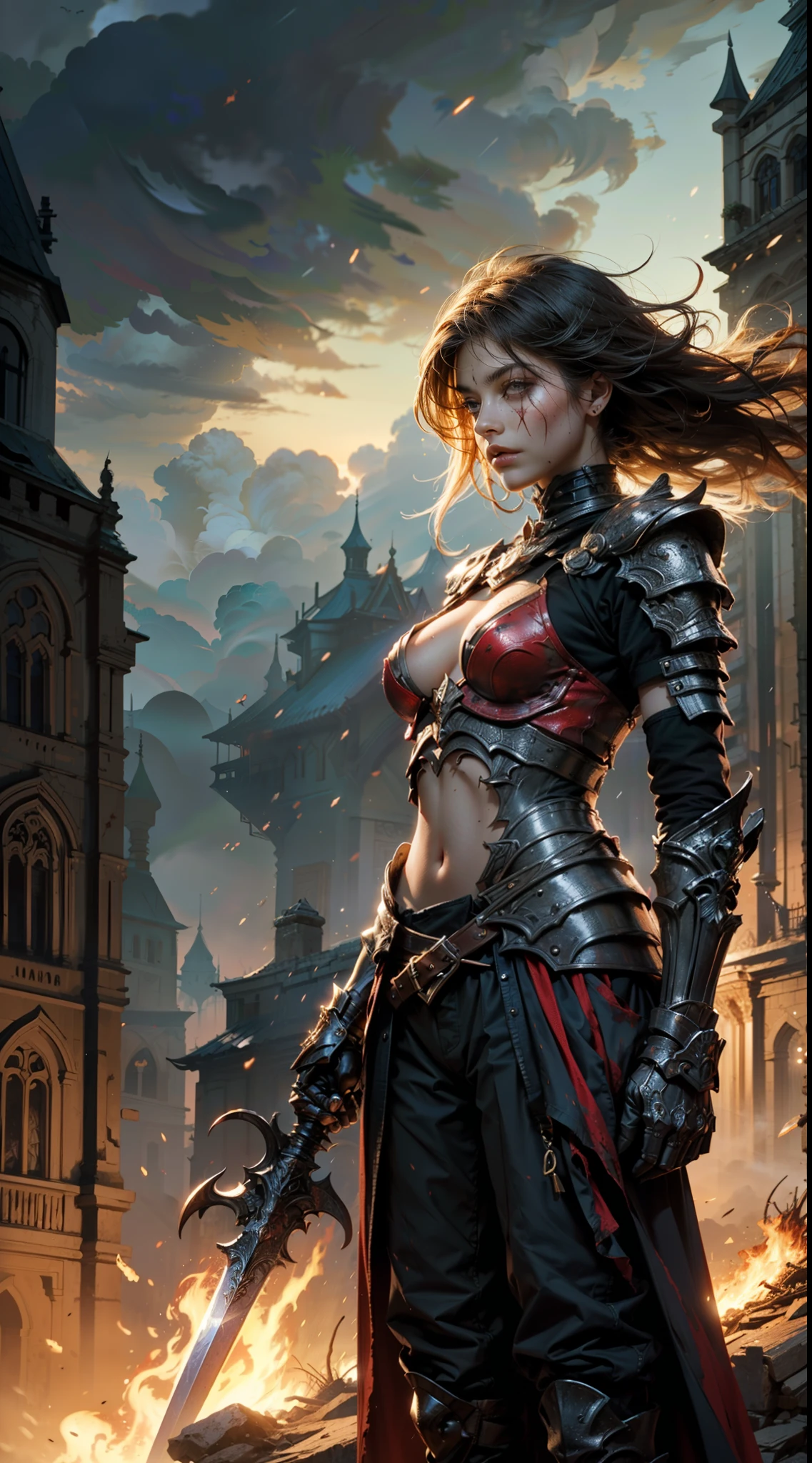 blonde hair knight girl, face as if about to cry, (underboob), (extravagant armor), tall, skinny, curvy, stomach, detailed helmet, dirty skin, bloody, (exhausted girl), (red eyes), ((burning city background)), ((stormy background)),( ((red rain)), cuts, scars, bloody armor, elegant woman, Warrior women, medieval city, magical environment, windy, super long beautiful hair blowing in wind, beautiful face, 4k image, high definition, photography type, master piece, detailed environment, (detailed armored pants), scars and cuts all over, bloody fabric, expansive scenery, stabbing sword into the ground in front of her, dramatic lighting, backlit, fantasy land, golden glow, night scene, beautiful face, detailed eyes, expansive background, standing on cliff,
