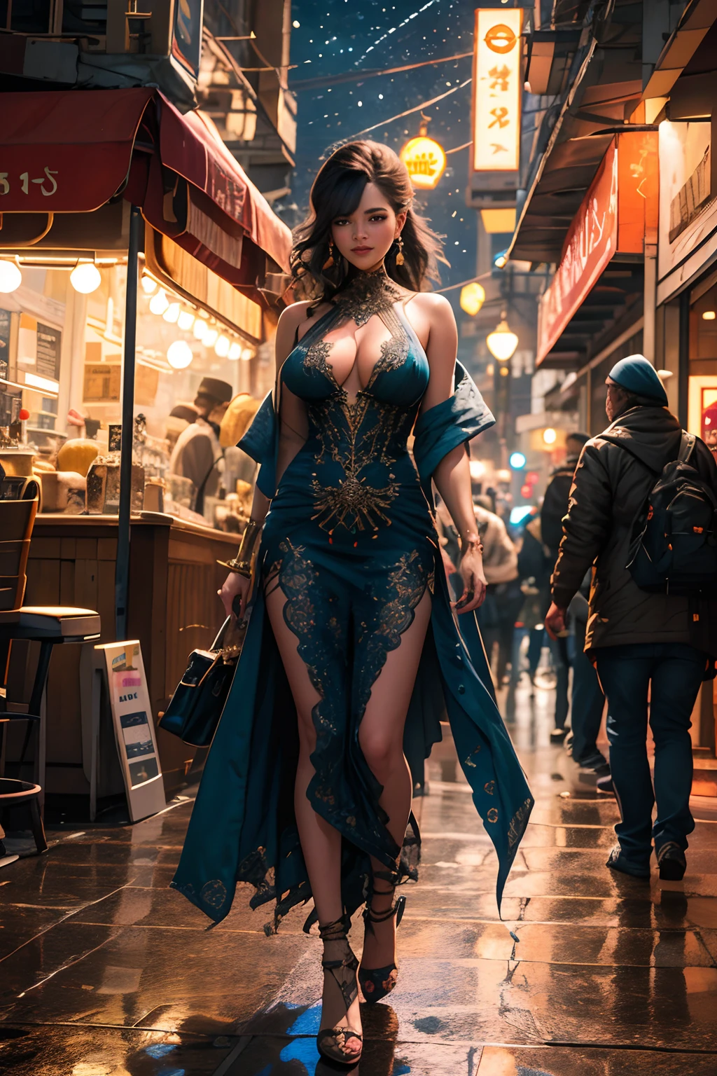 official art, unity 8k wallpaper, ultra detailed,(zentangle, mandala, tangle, entangle:0.6), Brunette dazzles the night in her sparkling dress , Indian cyberpunk cocktail dress with (Arabic patterns and decorations), earrings, detailed background, perfect eyes, seductive eyes, looking at the viewer, (((masterpiece))), ((best quality)), ((intricate detailed)), ((realistic)), indoors, night, plants, smile, background blur, focus, professional photography, dynamic angle shot, film grain, bokeh, ray tracing, dynamic lighting, tilt camera, from a front shot, lens flare, full body view , big chest, big tits, (50mm Sigma f/1.4 ZEISS lens, F1.4, 1/800s, ISO 100, photograpy:1.1), perspective
