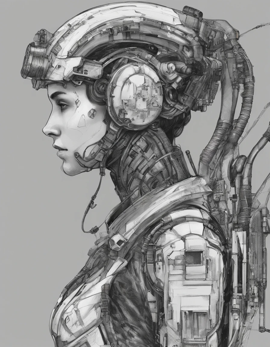 a drawing of model cyborg girl <lora:T3chDr4w_v2:1>