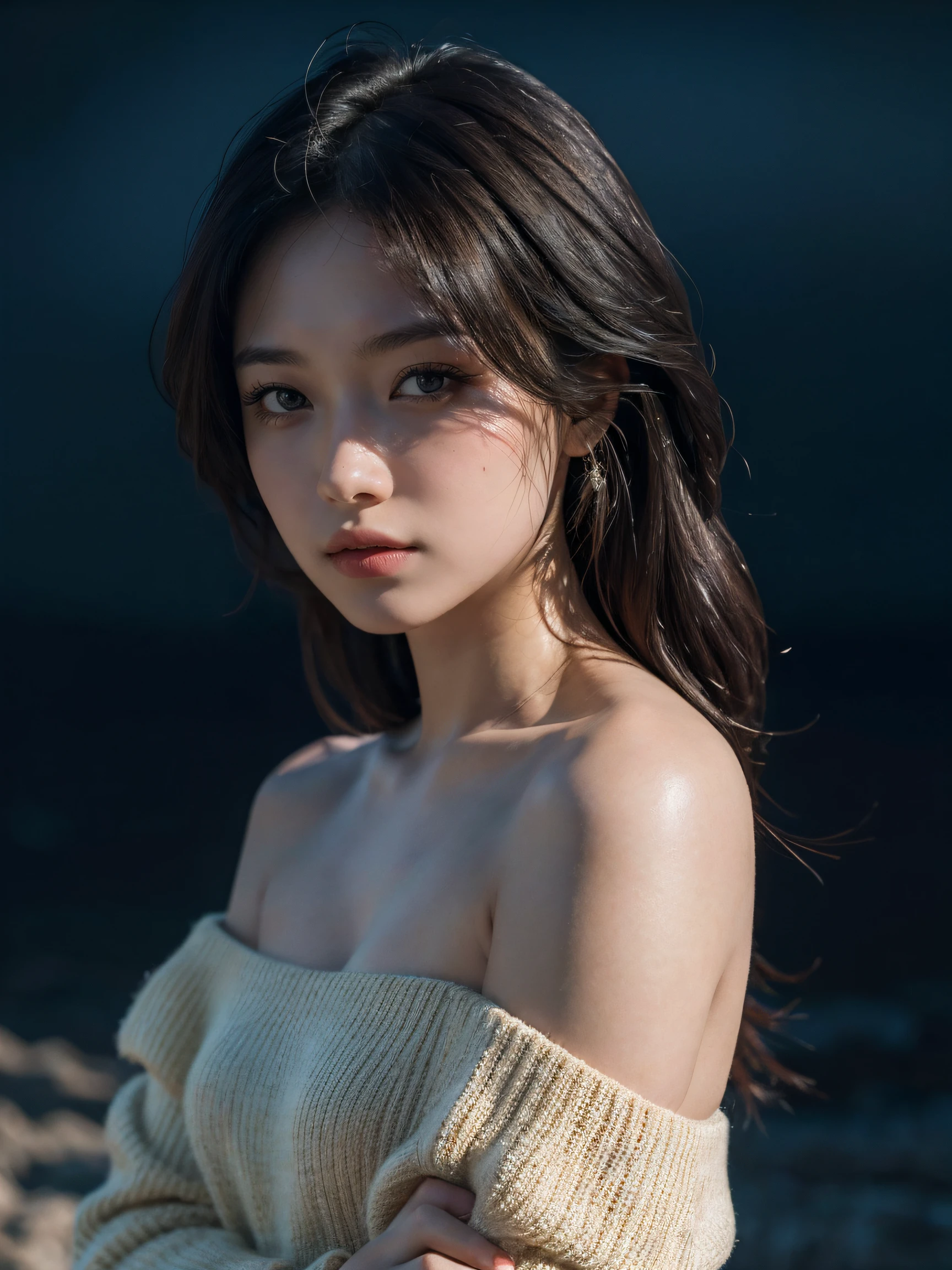 Best quality, masterpiece, ultra high res, (photorealistic:1.4), raw photo, 1girl, offshoulder, in the dark, deep shadow, low key, cold light