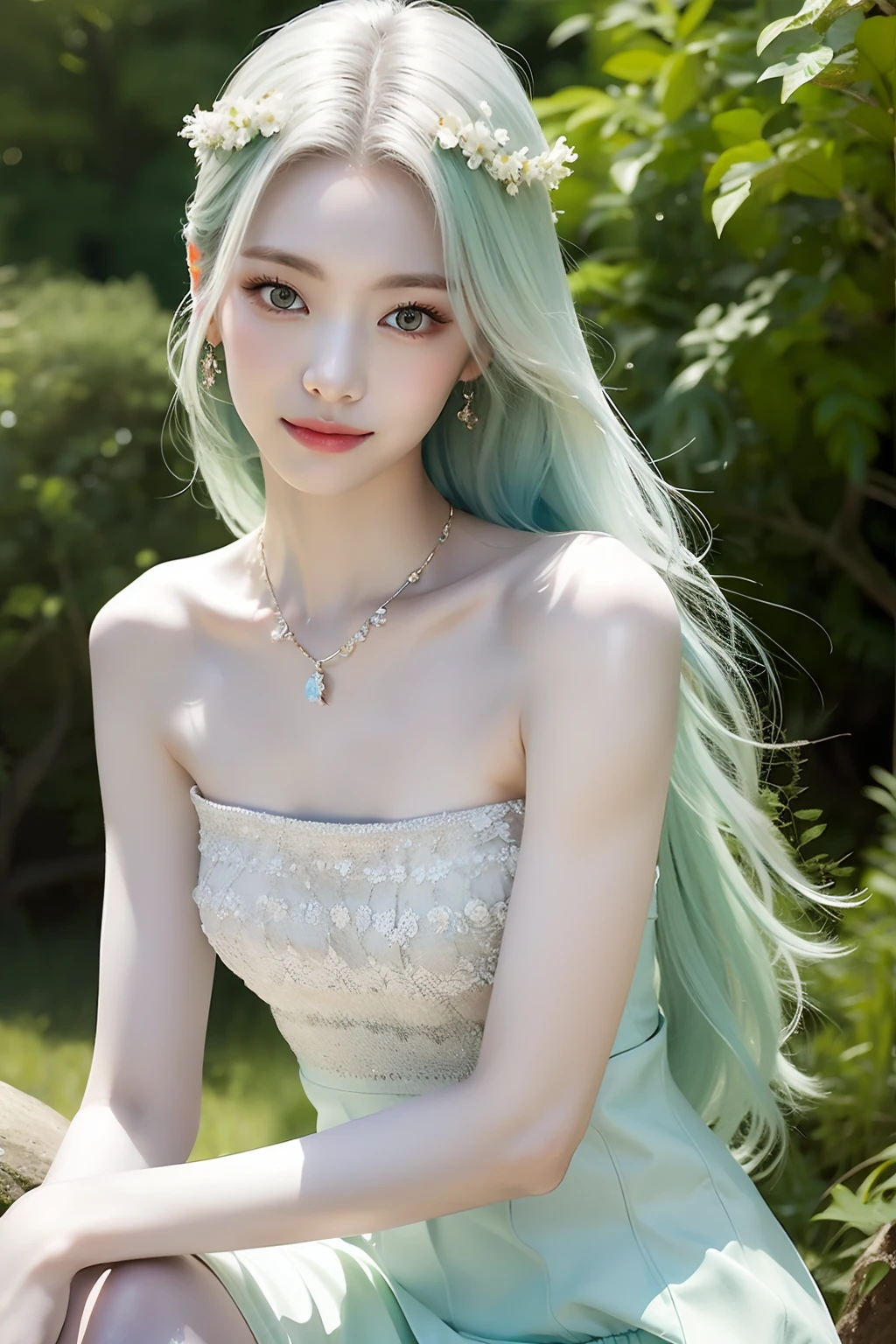 (Realistic), (Hyper-Realism),Best Quality, masutepiece,超A high resolution, (Photorealistic:1.4),1girl in,pale skin,skinny,(Looking at Viewer:2), forest, Flowers, Sunlight,
(Green and white gradient hair color、Earrings of bird feathers up to the shoulders、a necklace、Colorful tops、Split abs、a smile）Bare shoulders, Long hair, Cowboy Shoot,