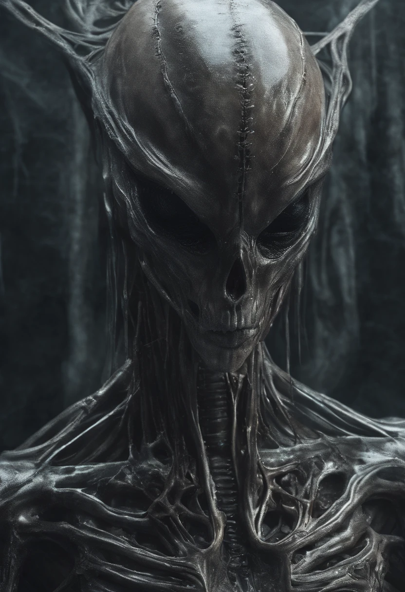 Photographic still of an alien, translucent skin, teeth dripping,, veins showing beneath it's skin, dark, onimous