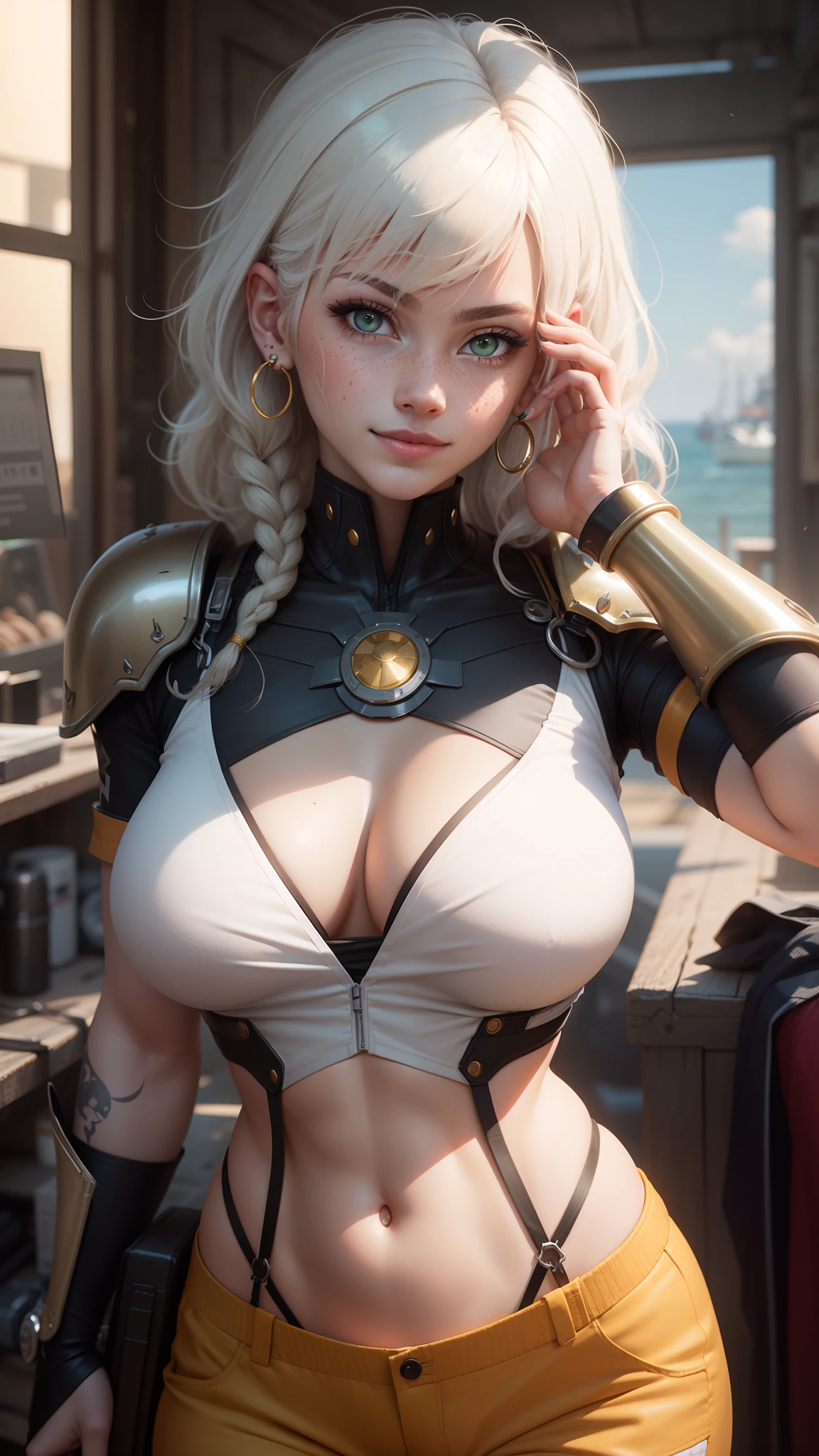 gwen tennyson,y'shtola rhul,tracer,yorha 2b,1girl,atelier ryza,overwatch,close up,mecha pilot,harbor view,tattoos, red and orange plugsuit,white short sleeve silk top,light gray cargo pants, uncovered belly,saiyan hair,cute makeup, green eyes,dimensional golden hair,shy smile,freckles,beautiful girl,large breasts, ultra detailed,realistic,fantasy art,saiyan armor,cyborg armor,steel armor,harbor shore,military uniform,ear piercings,hair pin,super saiyan girl,saiyan female,