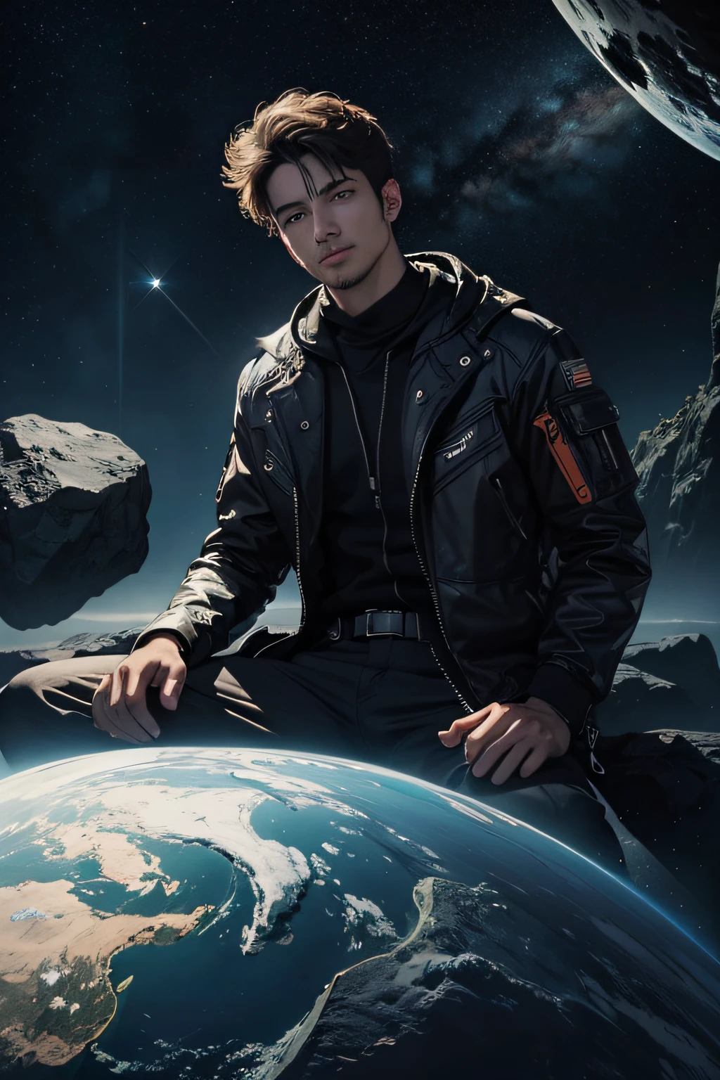 Draw a young programmer, sitting on a research platform floating in the middle of an asteroid belt. He is studying with a notebook, surrounded by several asteroids glowing with fiery auras. Dramatic lighting from distant stars and planets illuminates the scene, casting deep shadows on the suit. The young man looks confident and determined, looking at the vast and mysterious universe with wonder and respect,facial hair, cowboy shot,