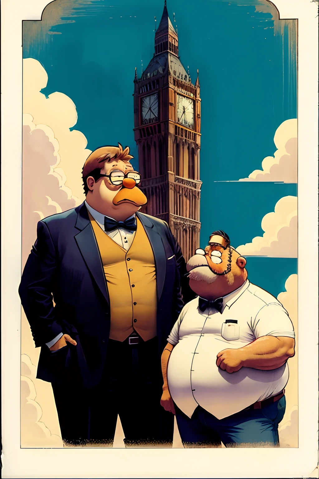 Peter griffin and Garfield watch with mouths agape and with cigars drooping out of them as the north tower falls, polaroid