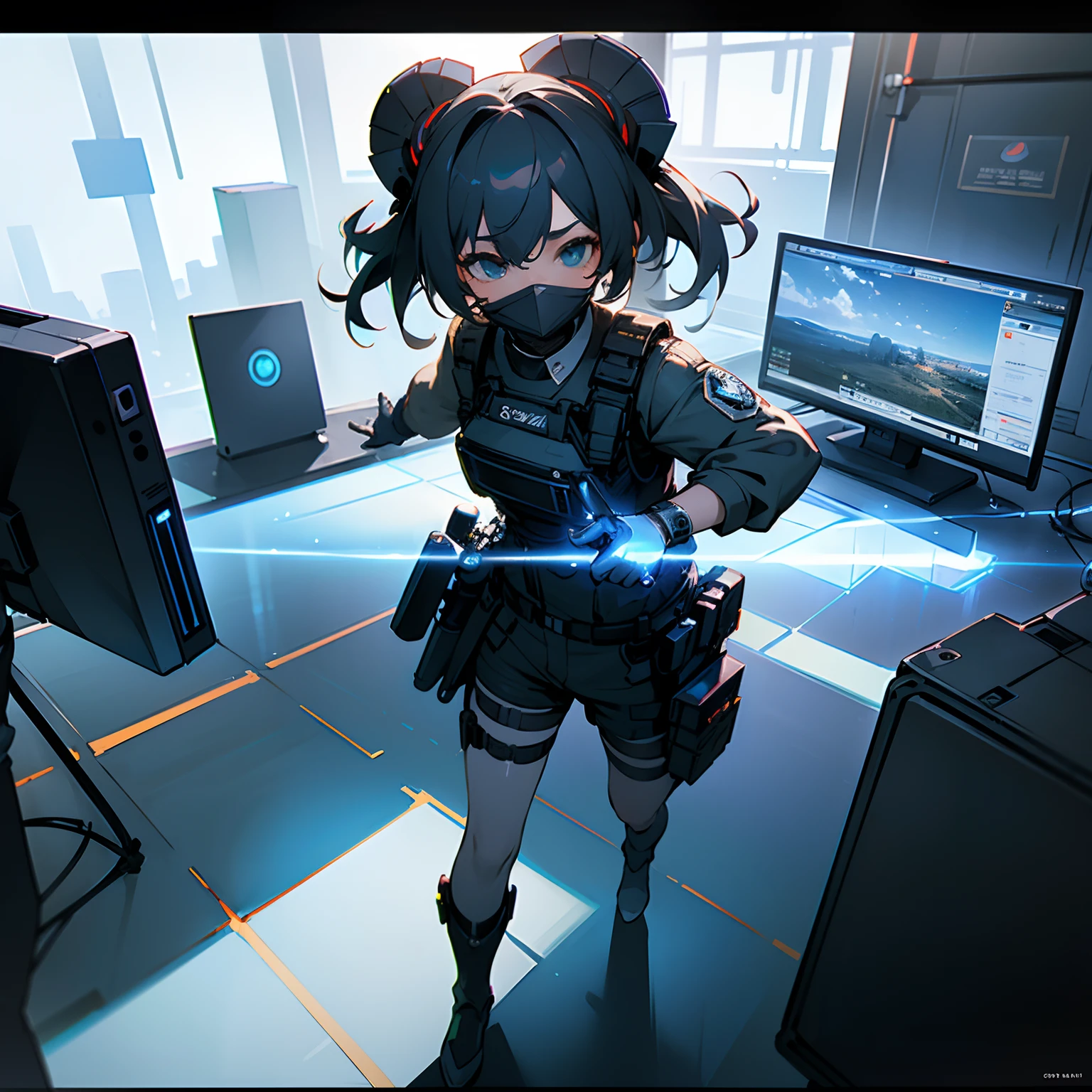 ((hightquality))、(​masterpiece)、8K、girl with、bulletproof vest、llight rays、Very elaborate CG Unity 8K wallpapers、GameCG、Look at viewers、gloves、boots、full bodyesbian、Watches、computers、masks、drone、Weapon Holder、head phone、