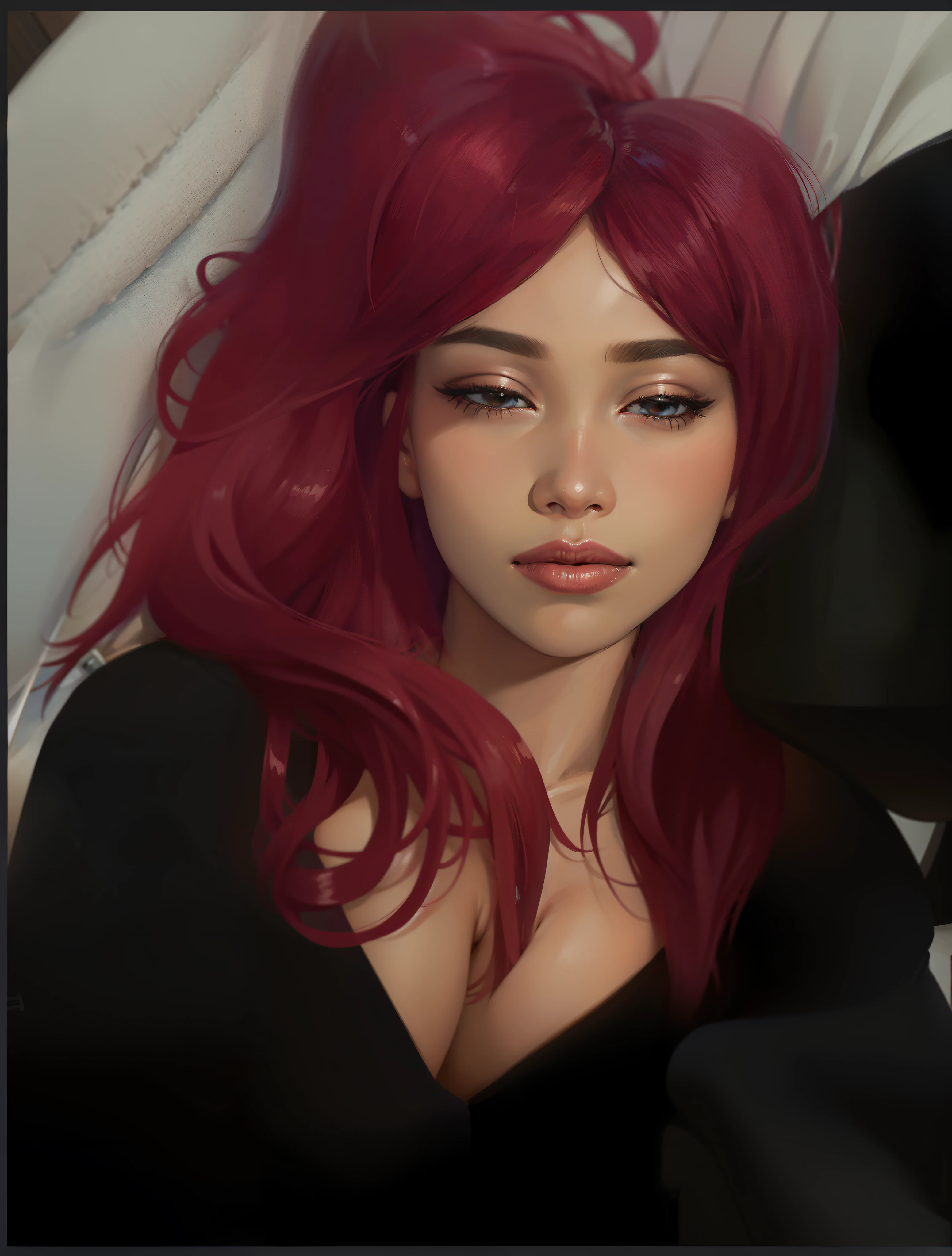 A young woman with red hair, she has red hair, profile photo, profile pic, wavy red hair, with red hair, red dyed hair, she has a cute face, beautiful skin tone, cute facial expression, plump lips, breast, laying on a bed posing for a selfie, realistic, 8K, Top Quality, Intricate Details, Ultra Detail, Ultra High Resolution