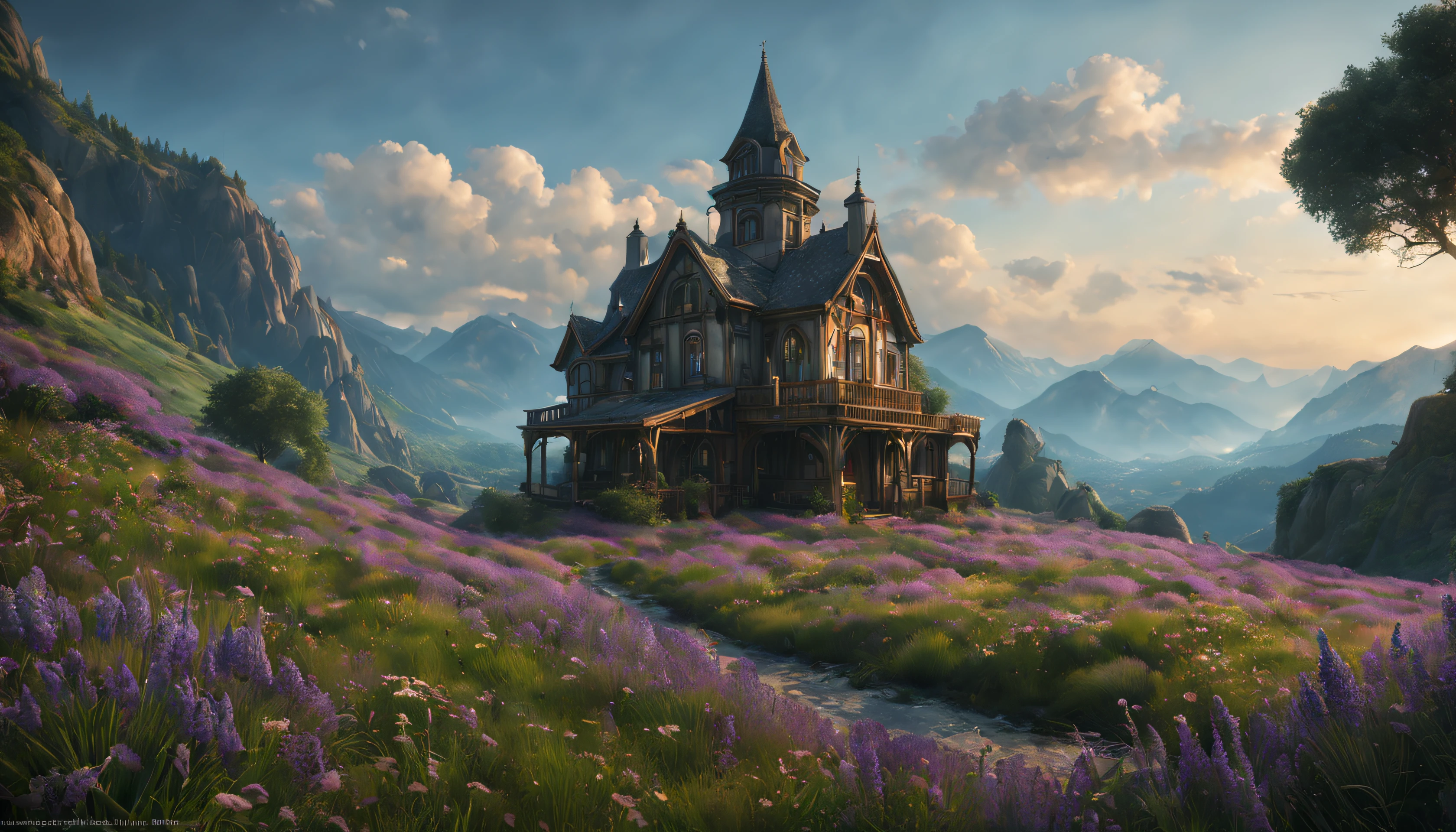 ((masterpiece, hyper realistic,32k,extremely detailed CG unity 8k, best quality, realistic face, canon50, photorealistic, concept art, intricate details, highly detailed, octane render, unreal engine, fantastic-art)) Landscape, (meadow in background:1.2), lavender flowers growing on the meadow, mountains in the distance, Sally Mann, HDR, (masterpiece:1.3), at the steampunk world fair, village, analog, caves, (masterpiece:1.2), athletic face, blue butterfly, sky, Vincent Callebaut, (low key), artstation, film grainy, representational, Depth of Field, (Antonio Moro), color, soft lighting, side view:1, by Greg Rutkowski, ((meadow:1.5), (majestic mountain:1.5), ((flowers:1.5)) ((dawn:2)), fire light through the window