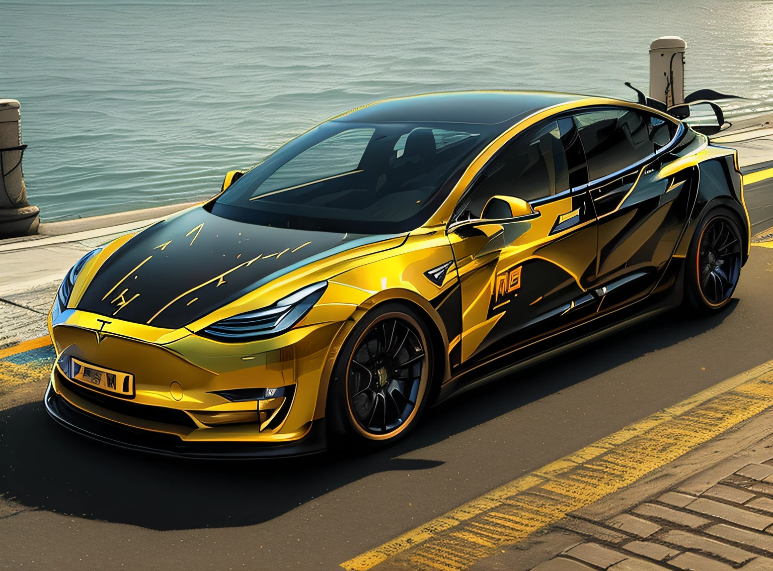 Close-up of yellow and black cars parked on the street, car tesla 3, tesla car, tesla, police tesla, tesla model 3, yellow lightning, Musk ( 2 0 2 4 ), glossy yellow, Yellow and black, Black and yellow, realistic paint job, gtr xu1, black and yellow scheme，Angular Pikachu lightning pattern