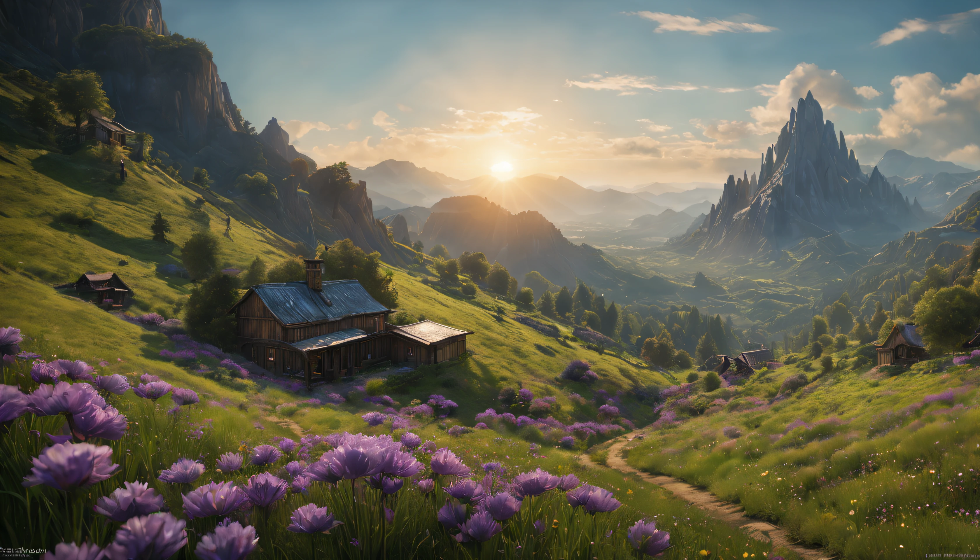 ((masterpiece, hyper realistic,32k,extremely detailed CG unity 8k, best quality, realistic face, canon50, photorealistic, concept art, intricate details, highly detailed, octane render, unreal engine, fantastic-art)) Landscape, (meadow in background:1.2), lavender flowers growing on the meadow, mountains in the distance, Sally Mann, HDR, (masterpiece:1.3), at the steampunk world fair, village, analog, caves, (masterpiece:1.2), athletic face, blue butterfly, sky, Vincent Callebaut, (low key), artstation, film grainy, representational, Depth of Field, (Antonio Moro), color, soft lighting, side view:1, by Greg Rutkowski, ((meadow:1.5), (majestic mountain:1.5), ((flowers:1.5)) ((dawn:2)), fire light through the window