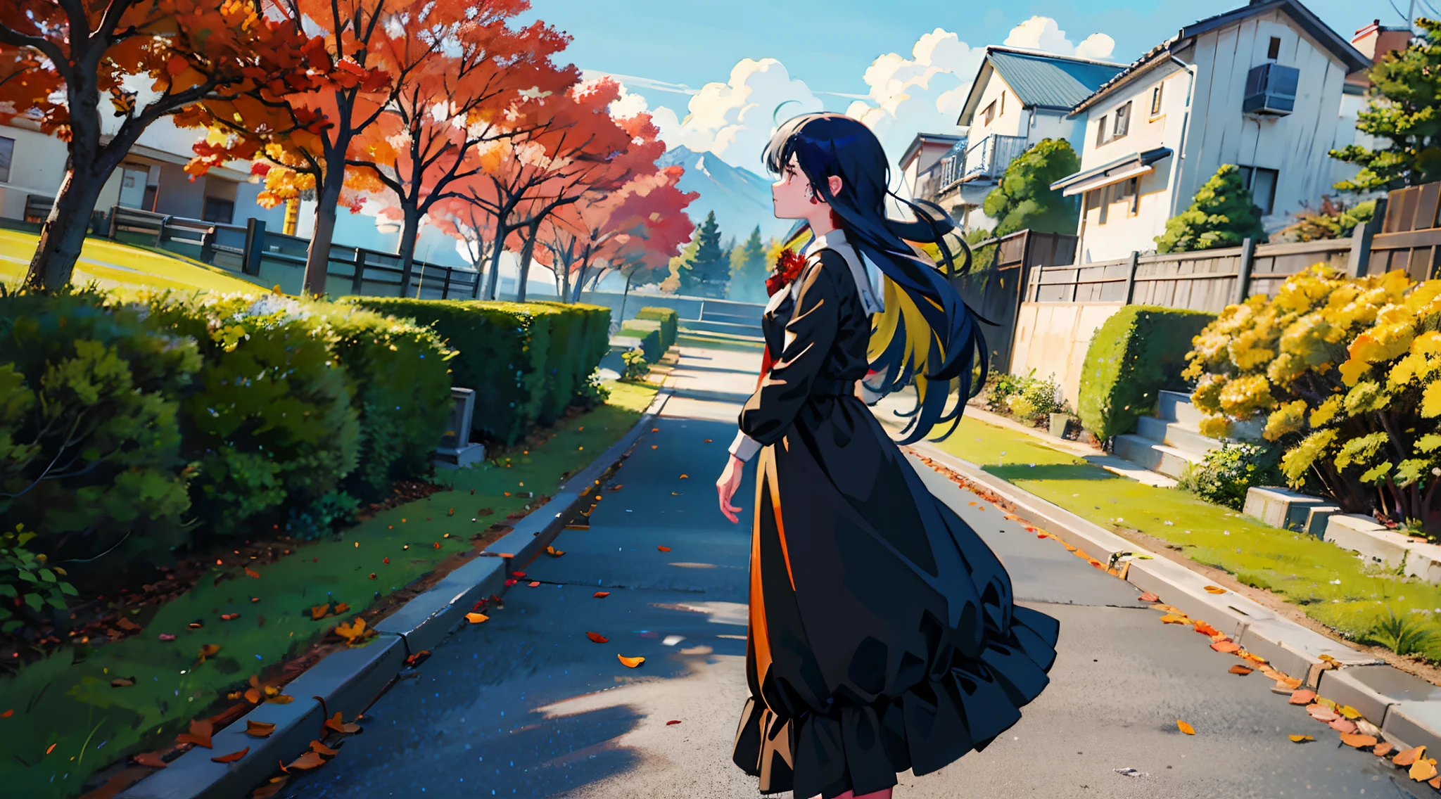 Masterpiece-level painting, Highest Quality, Ultra High Definition CG Woman, Stand quietly under a tree, Wearing a long black dress and folding shirt, Mini skirt fluttering in the wind, Her long hair is smooth like flowing water, Petals flying in a rainstorm. Surrounded by a blue cityscape of fences, Chain fences and buildings、(autumnal)、Rows of yellow-colored ginkgo trees、ginkgo