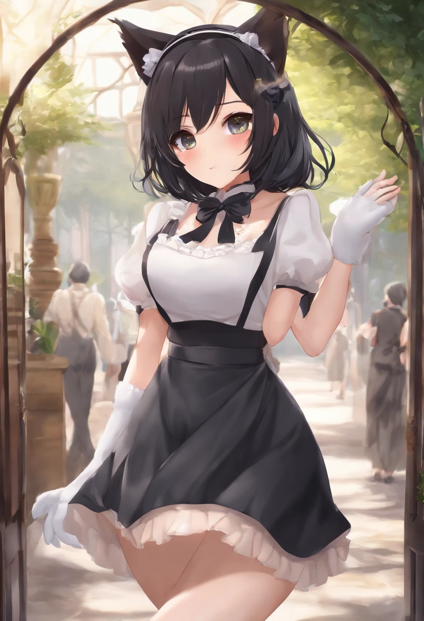 (tall woman),(short shiny black hair),(cat ears),(furry cat ears),(giant eyes),(embarrassed),(maid clothes),(short maid clothes),(light skin) ,(huge breasts overflowing the uniform),(perfect waist 0.8)