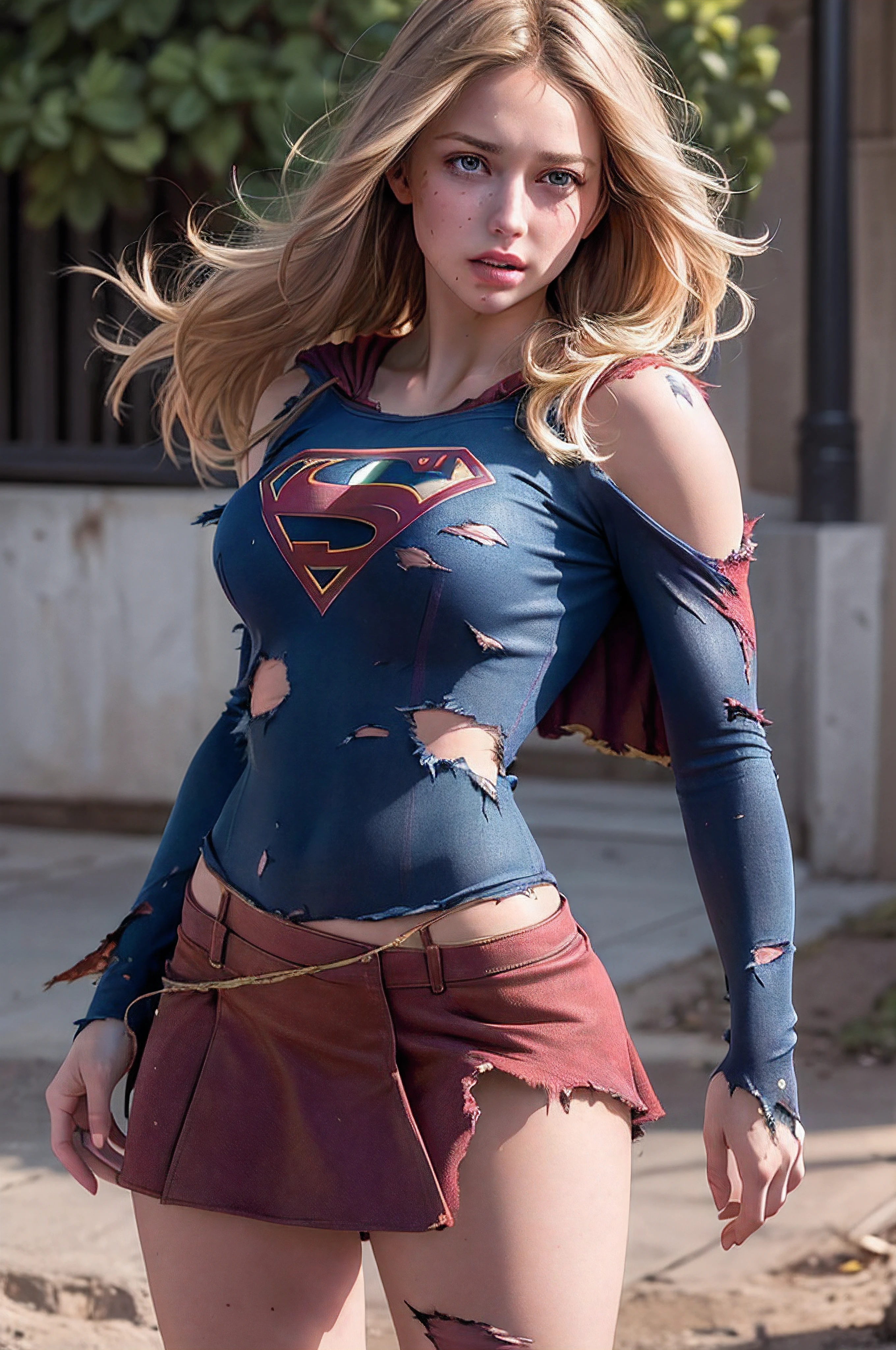 8k, best quality, real picture, intricate details, ultra-detailed, ultra highres, depth field,(photorealistic,realistic:1.2),masterpiece,photo of  european girl, supergirl, (bruise, dirty, torn clothes, revealing clothes, blood:1.3), blue eyes, blonde hair, long hair, ripped cape, ripped pantyhose, superhero, solo, sun, blue sky,
best quality, realistic, photorealistic, (intricate details:1.2), (delicate detailed), (cinematic light), clear line, sharp focus, realistic face, detailed face,
unity 8k wallpaper, ultra high res, (photorealistic:1.4), looking at viewer