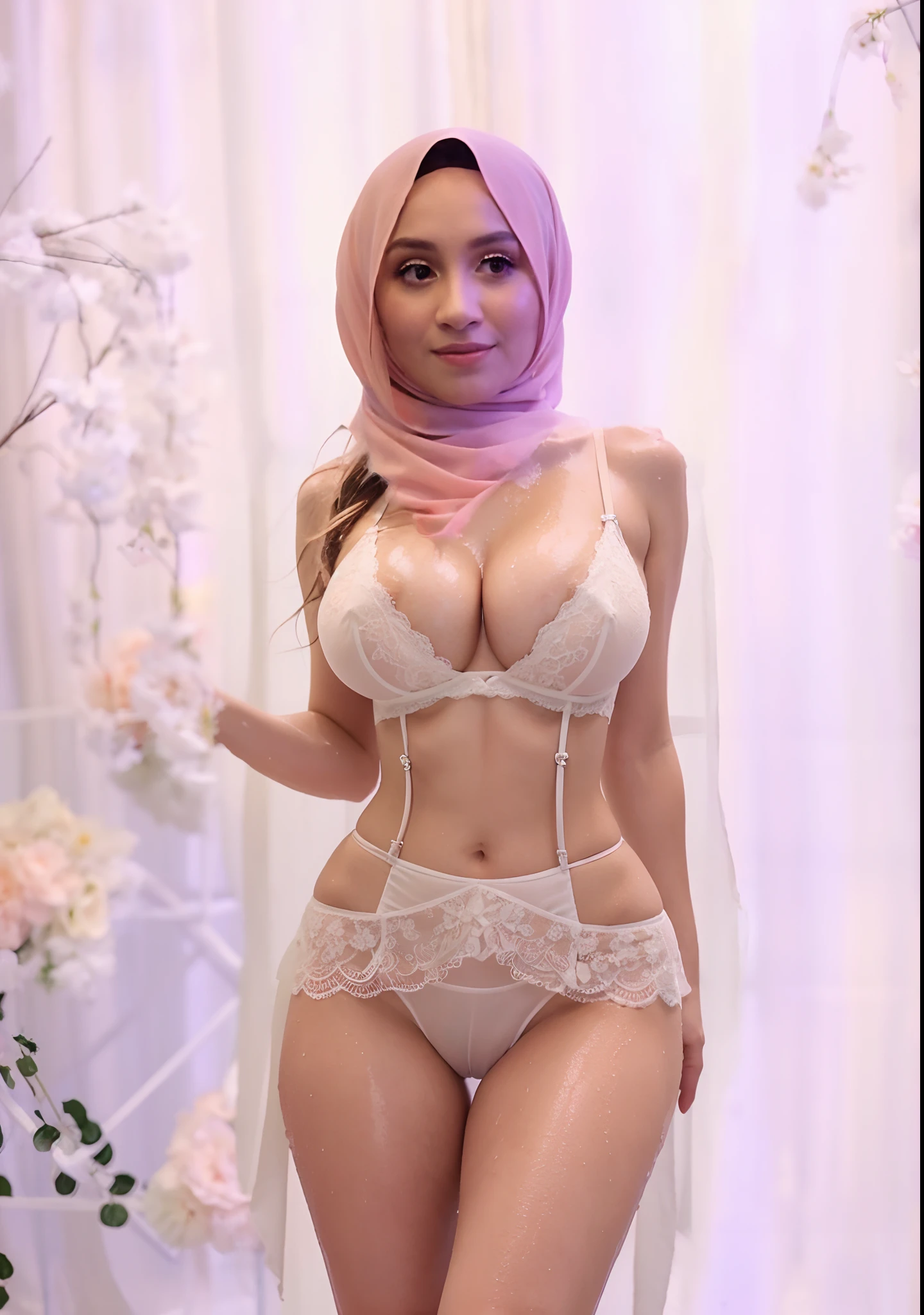 Top quality, big breasts, big cleavage, NSFW, wet laced lingerie, sexy wedding dress,small waist, sexy body, breasts are wet,
