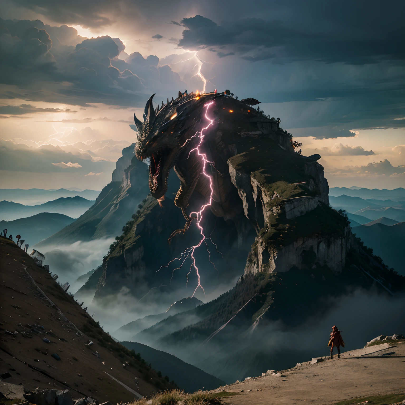 Lightning Wizards fighting a six legged dragon with a human face on a mountain peak