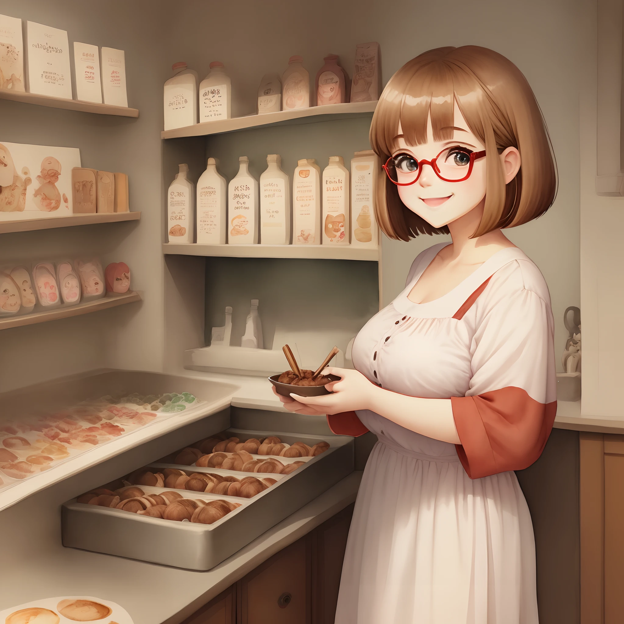 Illustration of a girl with cute chestnut hair bob cut Wearing red-rimmed glasses Big cute eyes Smiling chubby body dollar, Ghibli style Housewife 50 years old Watercolor style Fashionable Mr. Cartoon style