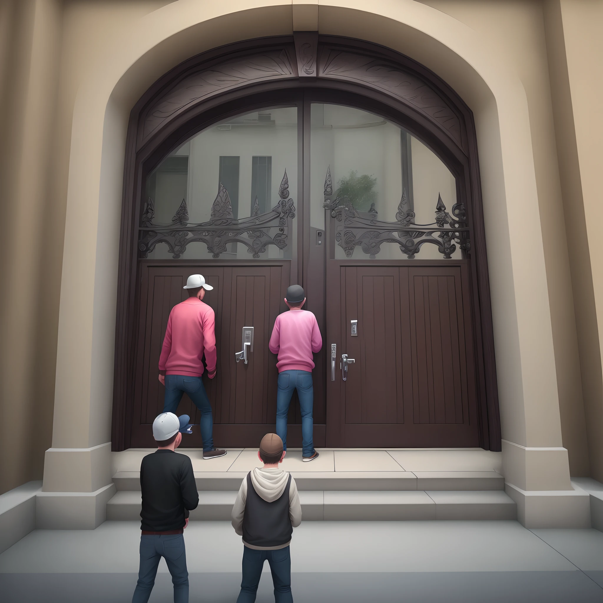 People trying to break in a tall gate while the people on the other side trying to lock it