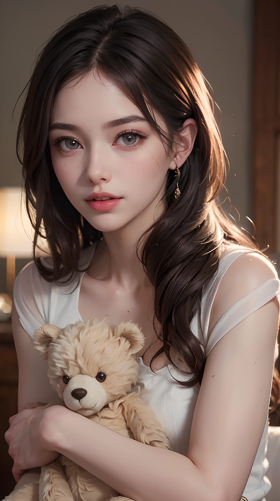 (best quality,4k,8k,highres,masterpiece:1.2), ultra-detailed, (realistic,photorealistic,photo-realistic:1.37), (soft lighting, happy mood), (beautiful detailed eyes, beautiful detailed lips, extremely detailed eyes and face, long eyelashes), studio lighting, physically-based rendering, vivid colors, (Woman hugging a teddy bear:1.2),