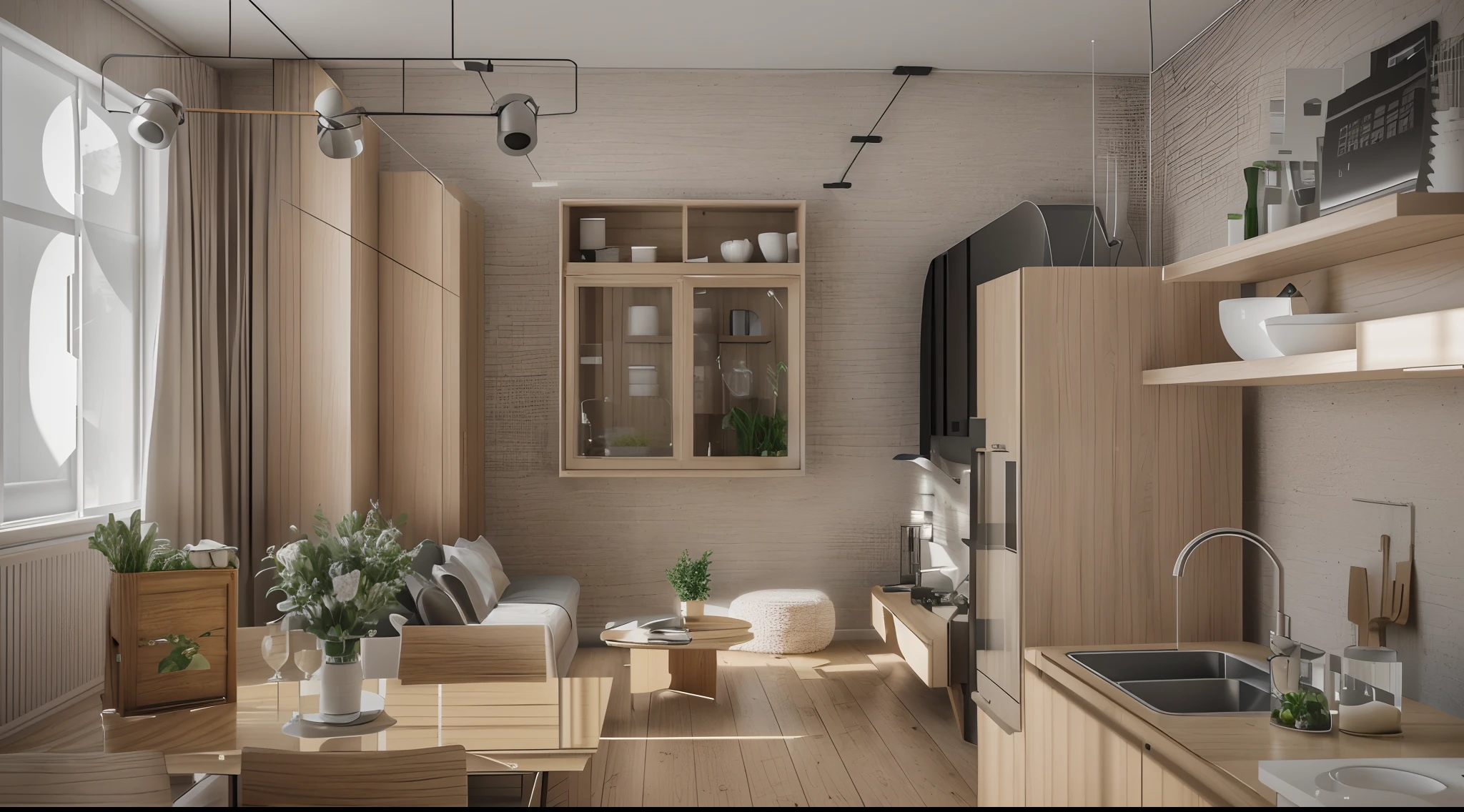 apartment with a scandinavi living room and a kitchen with a table and chairs in it, curtain window, archidairly, bright render, archviz, rendered in unreal engine 6, detailed archviz render, rendered in unreal engine 5, rendered lighting, rendered in enscape, rendered in unreal 5, unreal engine realistic render, very realistic 3 d render, precise architectural rendering, realistic physical rendering, rendered in 8 k unreal engine