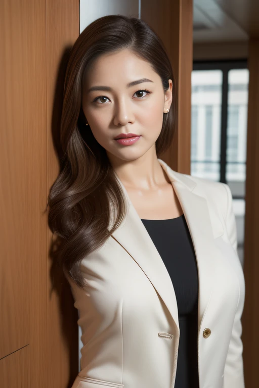 ((Top Quality, 8k, Masterpiece: 1.3, photorealistic)), (close up:1), Milf and attractive woman, business wear, curvy:0.5, serious, nobody locker room,