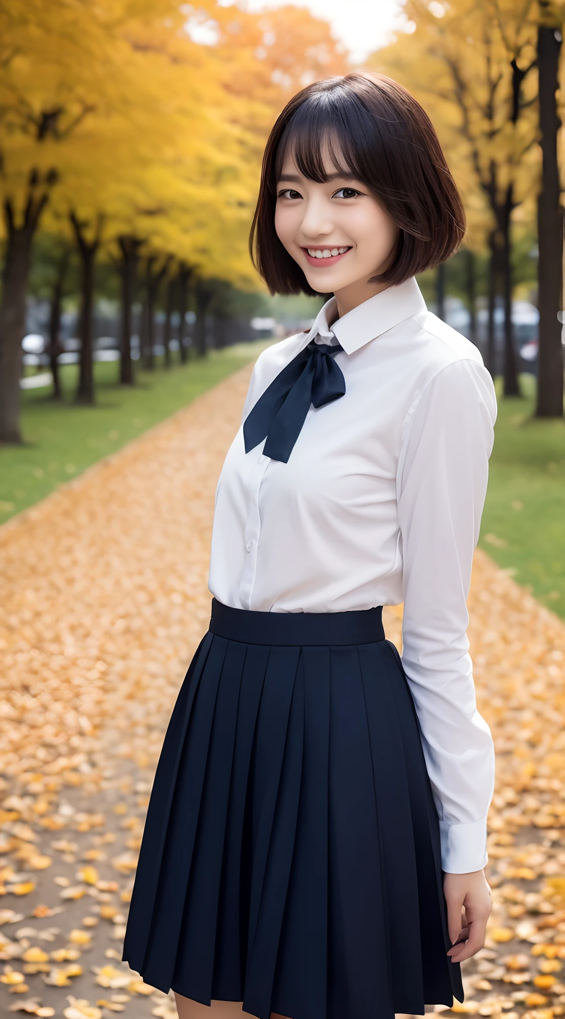 (((Top image quality、8K、1人の女性)))、((Beautie、Beautuful Women、cute little))、Japan school uniform、Sexy legs、Wearing a uniform、Random Poses、Colored leaves、Landscape of autumn leaves on nature background、modeled、独奏、nightcity、Stylish clothes、Fashionable clothes、natural make up、20yr old、japanes、A smile、ssmile、Shortcut Hair