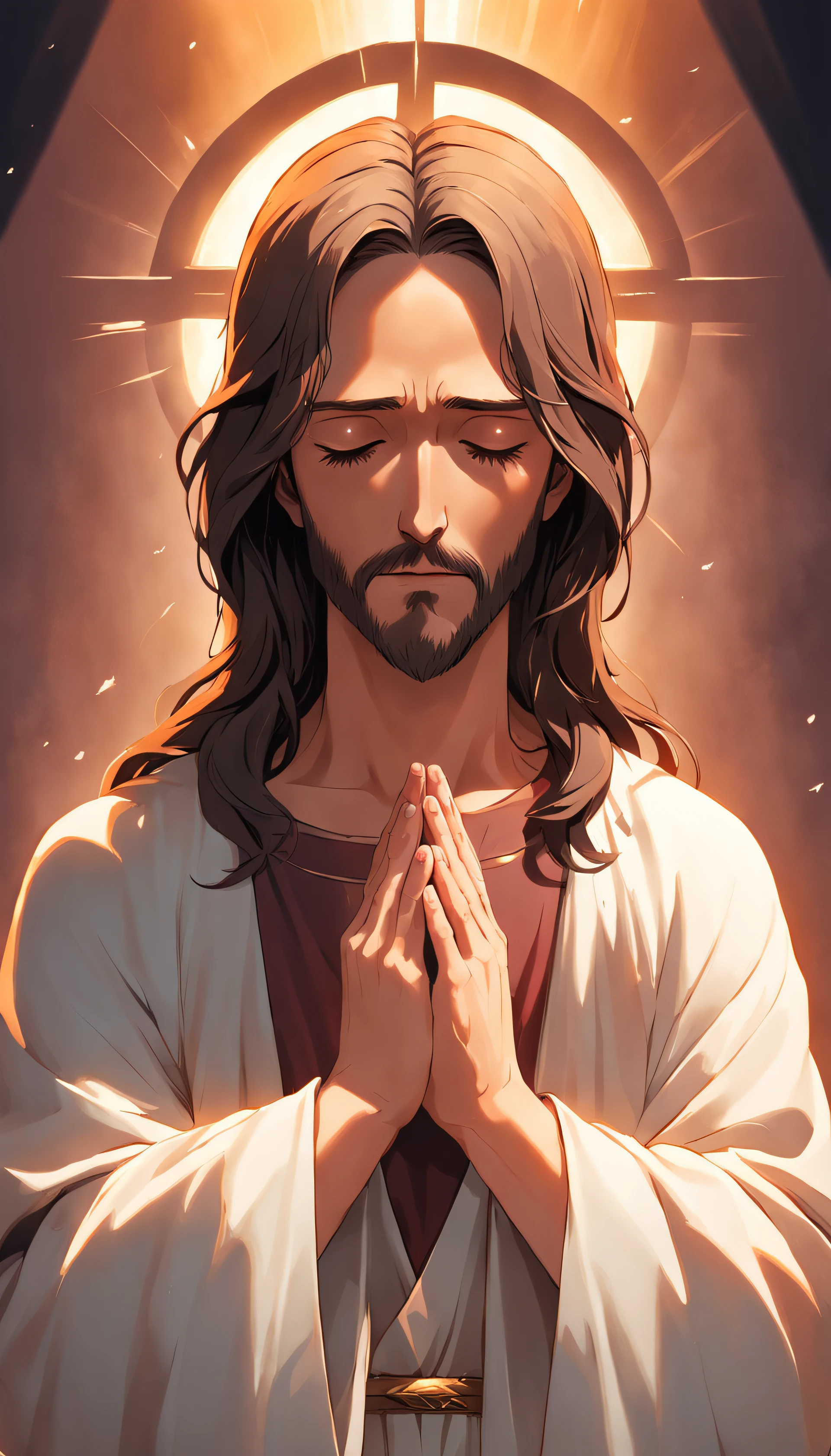 "Criar uma imagem de Jesus no perfil, depicted in the act of prayer with hands clasped."