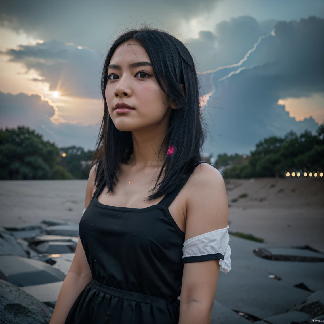 CG blockbuster，tmasterpiece，monument valley，geomerty, photorealistic anime girl rendering, detailed face of a asian girl, Black color hair，Flour fluttering，Telephoto lens high， A high resolution， the detail， RAW photogr， Sharp Re， Nikon D850 Film Stock Photo by Jefferies Lee 4 Kodak Portra 400 Camera F1.6 shots, Rich colors, ultra-realistic vivid textures, Dramatic lighting，8K quality, Girls，Backstreets， Dark clouds lightning background（realisticlying：1.4），Black color hair，， RAW photogr， Sharp Re， Nikon D850 Film Stock Photo by Jefferies Lee 4 Kodak Portra 400 Camera F1.6 shots