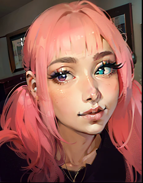 a young woman with pink hair and piercings taking a selfie, with pink hair, pink twintail hair and cyan eyes, pink straight hair, dollpunk, pigtails long pink hair, pink hair, cute girl with short pink hair, 8K, Top Quality, Intricate Details, Ultra Detail, Ultra High Resolution, perfect face, perfect eyebrows, perfect skin, masterpiece, eyelashes, makeup, cinematic, shadows, realistic, fuller round plump lips, soft, cute face, glossy lips, girly