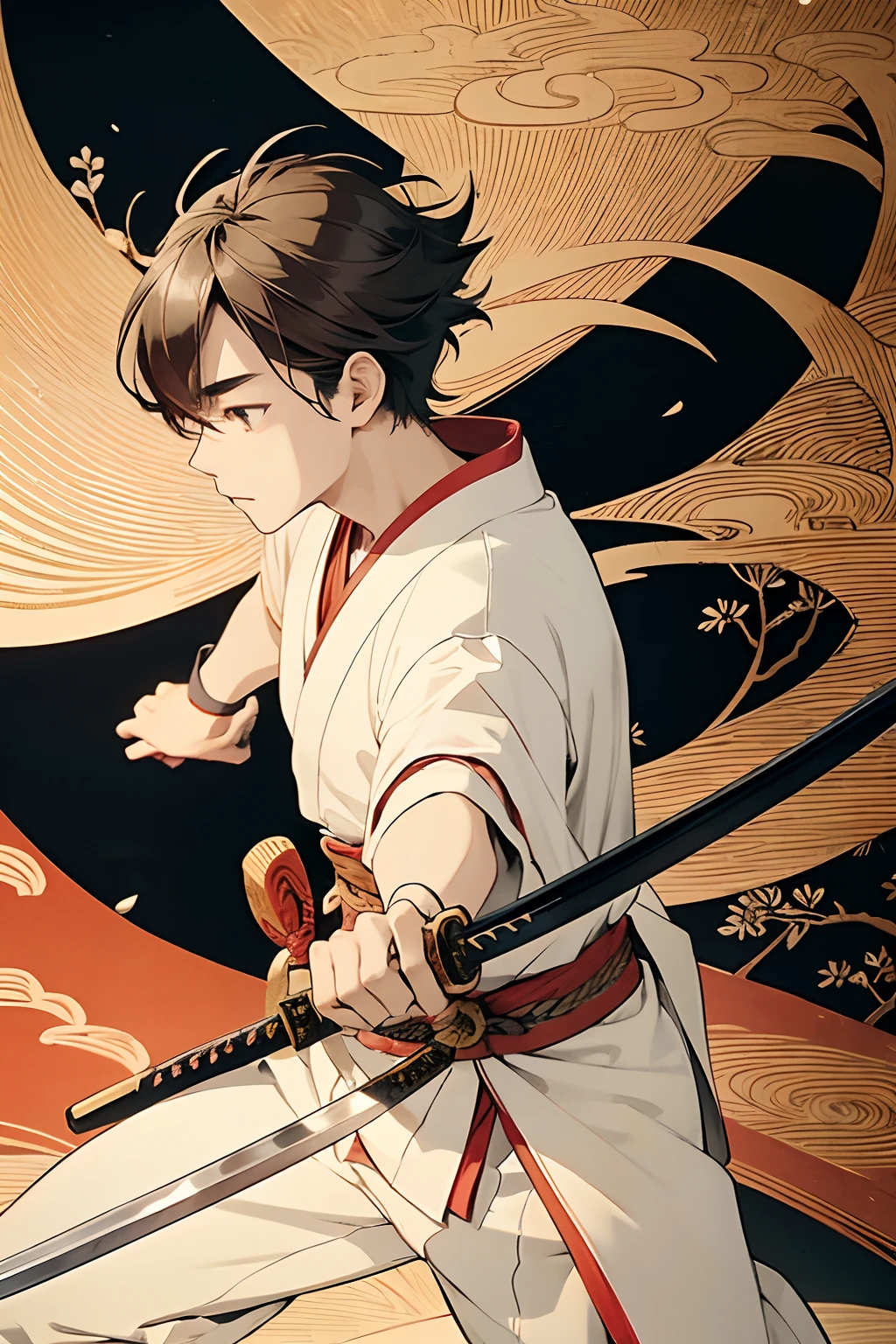 japanese samurai、beautiful young boy、Japanese Katana Sword、Scenery of the Edo period、Ukiyo-e style、hight resolution、