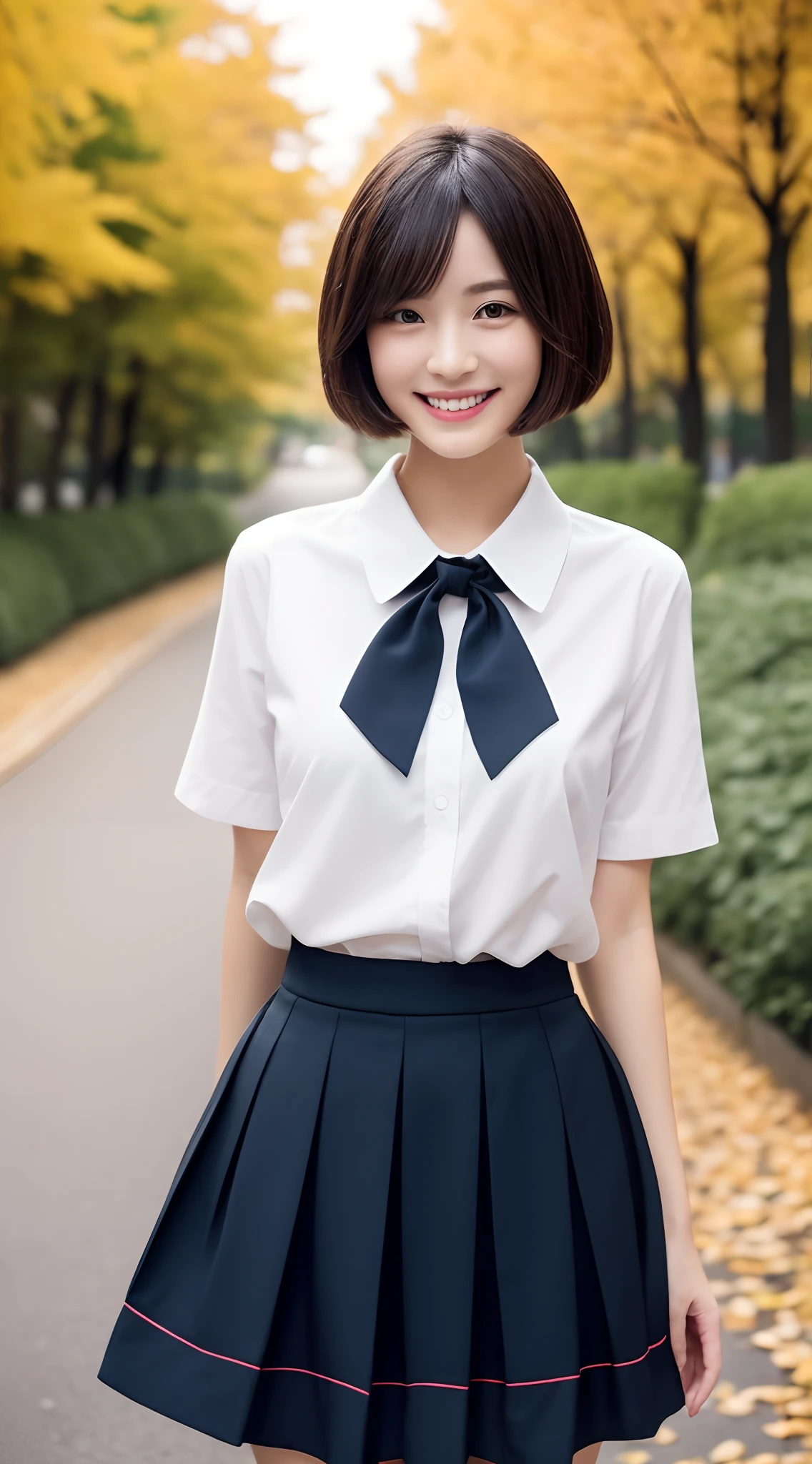 Japan girl, 18-year-old girl, short hair, black hair, bangs, brown eyes, perfect figure, transparency, luster, luster, modest breasts, school uniform, navy blue ribbon, light blue shirt, navy blue skirt, light pleasure, glowing body, gravure idol, mountain forest, beautiful legs, strong sunlight,