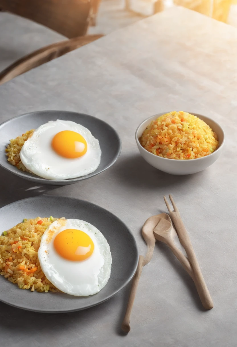 create a photorealistic, photorealism, photography, realistic, 8k,detailed, fried rice, egg sunny side up, eggs, hotdog, on table, beside window, sun rays, detailed