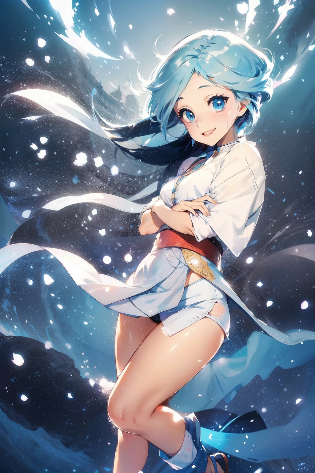Beautiful girl with long light blue hair, twin tails, rhythmic gymnastics ribbon, cute leotard, bright smile