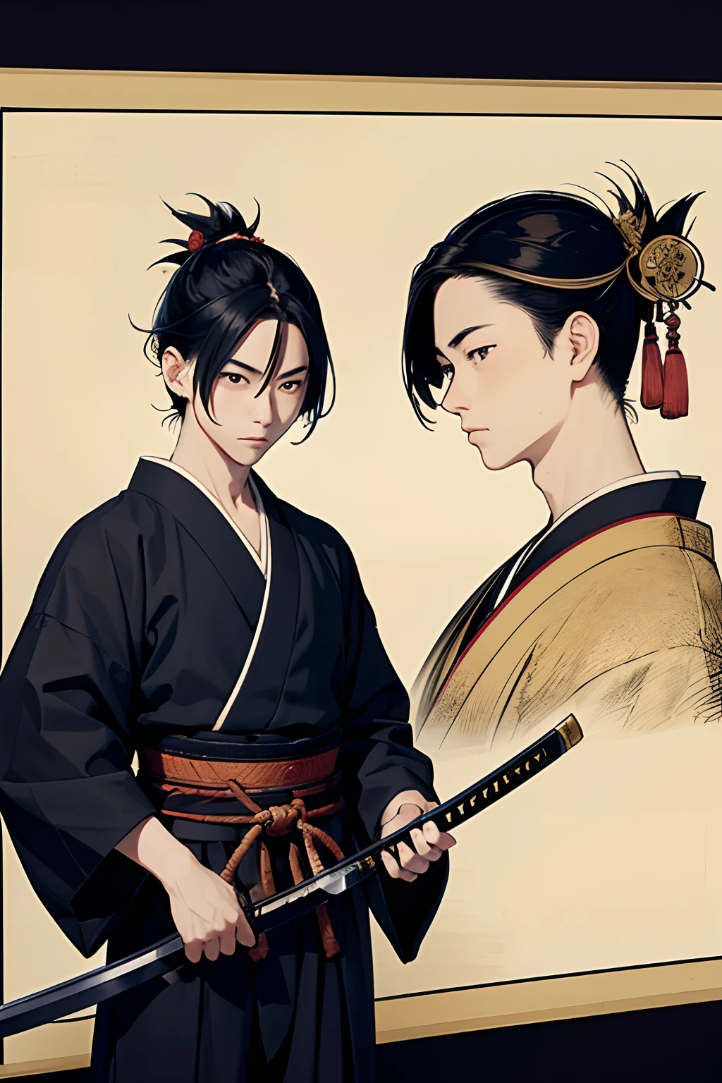 japanese samurai、beautiful young boy、Japanese Katana Sword、Scenery of the Edo period、Ukiyo-e style、hight resolution、