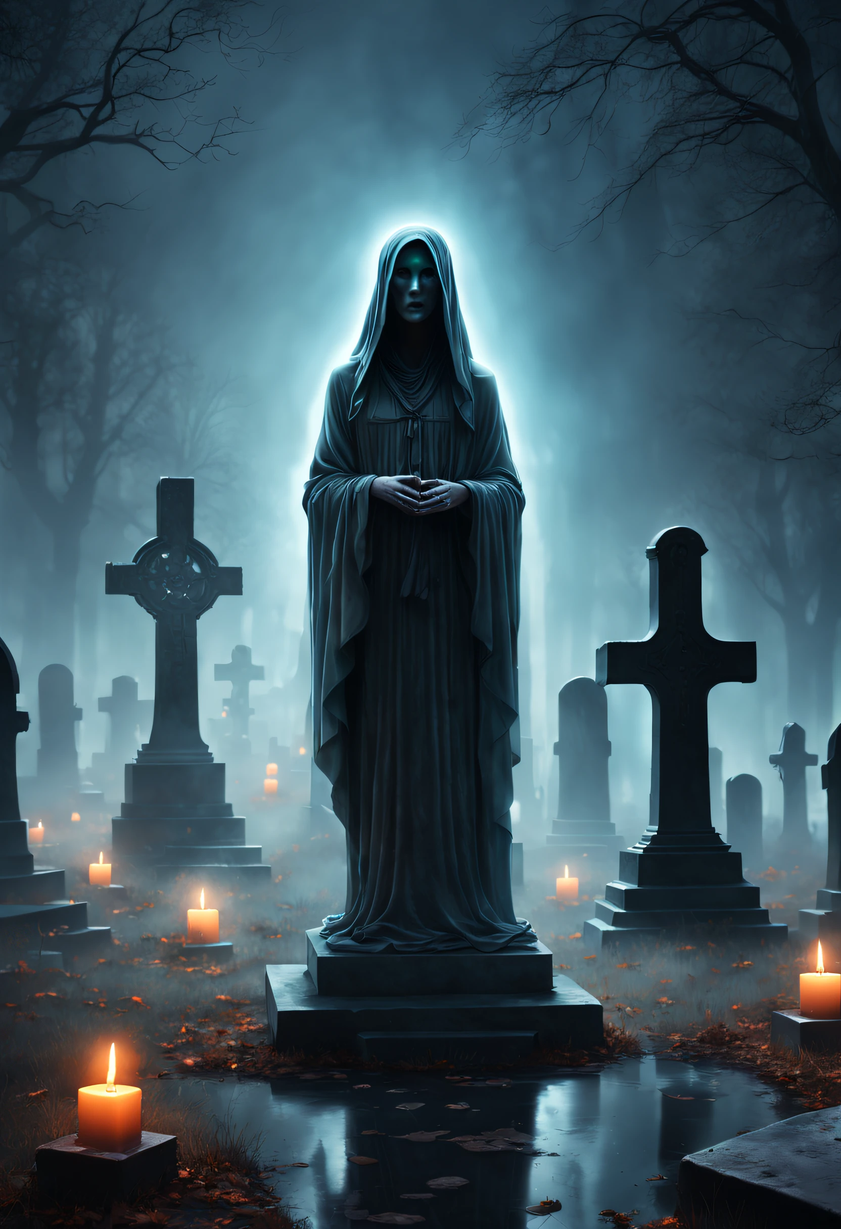 Positive prompt: Design a hauntingly beautiful artwork featuring a mist-filled graveyard against an abstract background of light, a ghostly floating figure, translucent form and ethereal presence, solo, detailed glowing eyes, dark eerie lighting effects casting long shadows across ancient tombstones, emphasize themes of solitude and melancholy and the supernatural to create an atmospheric mood that captures the essence of Halloween, abstract lighting source, trending on ArtStation, showcase its unique blend of styles and themes