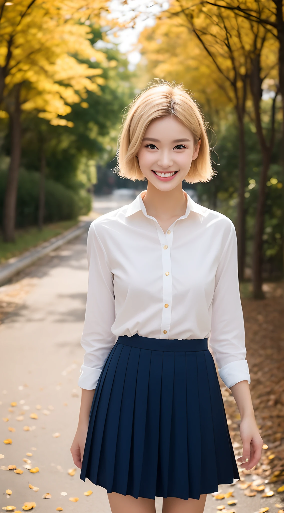 (((Top image quality、8K、1人の女性)))、((Beautie、Beautuful Women、cute little))、Japan school uniform、Sexy legs、Wearing a uniform、Random Poses、Colored leaves、Landscape of autumn leaves on nature background、modeled、独奏、nightcity、Stylish clothes、Fashionable clothes、natural make up、20yr old、japanes、A smile、ssmile、Shortcut Hair、Wearing loafers、Over-the-knee skirt、((Golden hair))