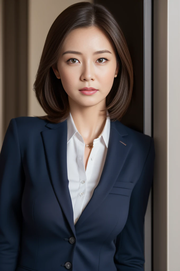 ((Top Quality, 8k, Masterpiece: 1.3, photorealistic)), (close up:1), Milf and attractive woman, business wear, serious, nobody locker room,
