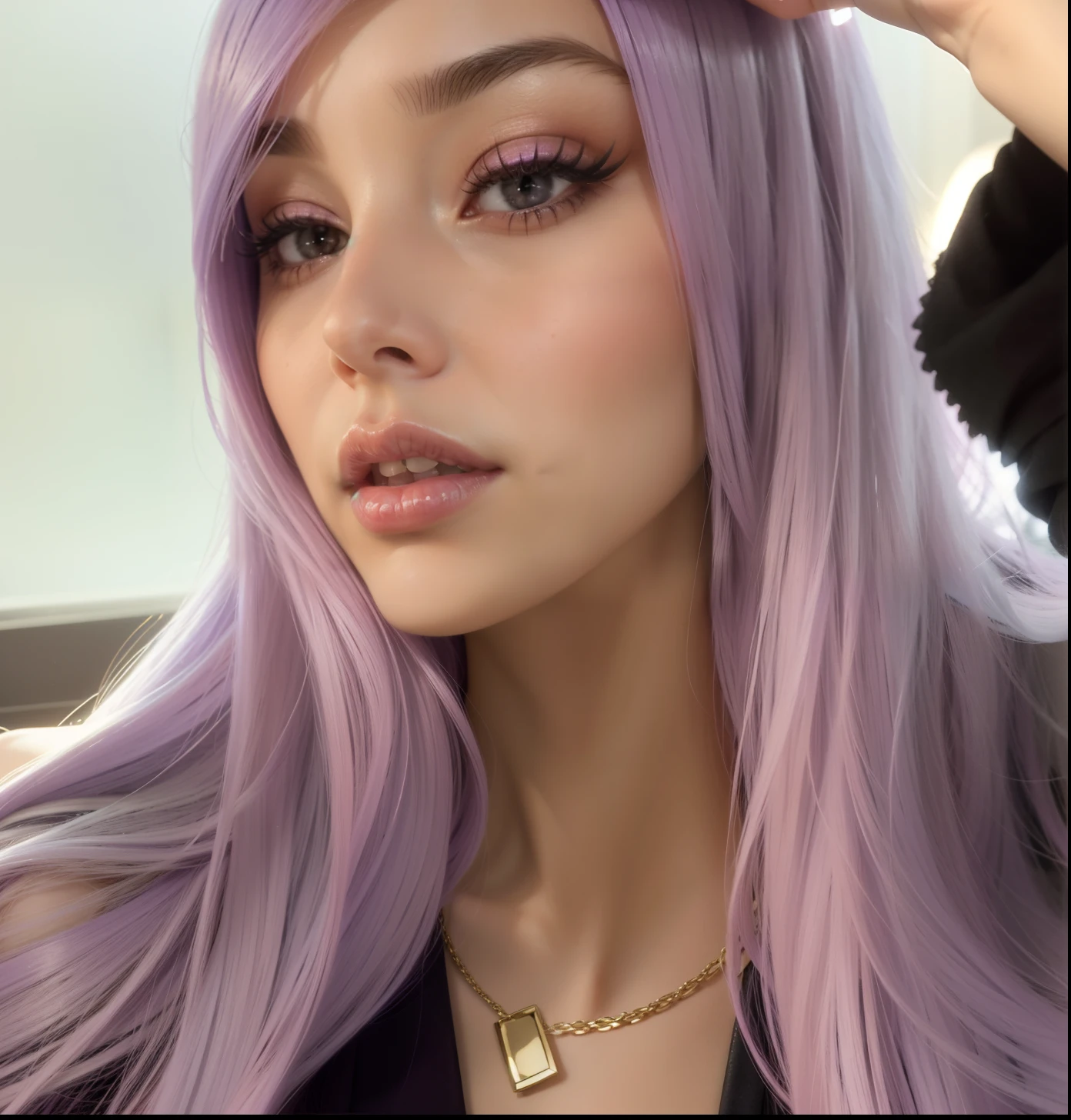 a close up of a woman with long purple hair and a necklace, lilac hair, long light purple hair, lavender hair, she has purple hair, long purple hair, violet long hair, purple long hair, she looks like a mix of grimes, long hair, black eyeliner, perfect nose, perfect eyebrows, fuller lips, perfect tan skin, slim jawline, sexy, hot, cute face, beautiful, masterpiece, cinematic lighting, soft skin, 8K, Top Quality, Intricate Details, Ultra Detail, Ultra High Resolution, realistic, realism