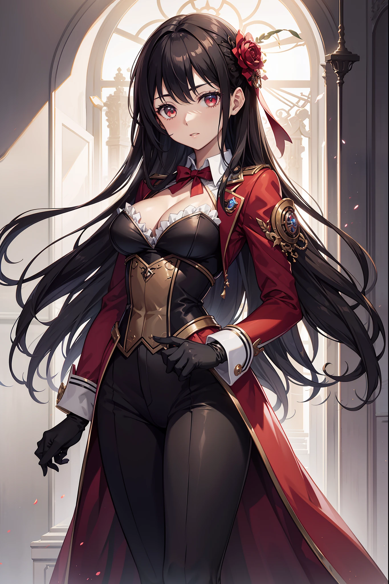 （Masterpiece, side-lighting, fine detailed beautiful eyes: 1.2)， luscious skin，（（Solo）），（Scarlet eyes），Hanging eye corners，（highdetailskin），（perfect bodies），A beautiful steampunk girl，little breast，（（Uniforms that include a small bust blazer）），（Satin collar），（Short gloves are as short as half the palm of your hand），lacepantyhose，high-waist pants