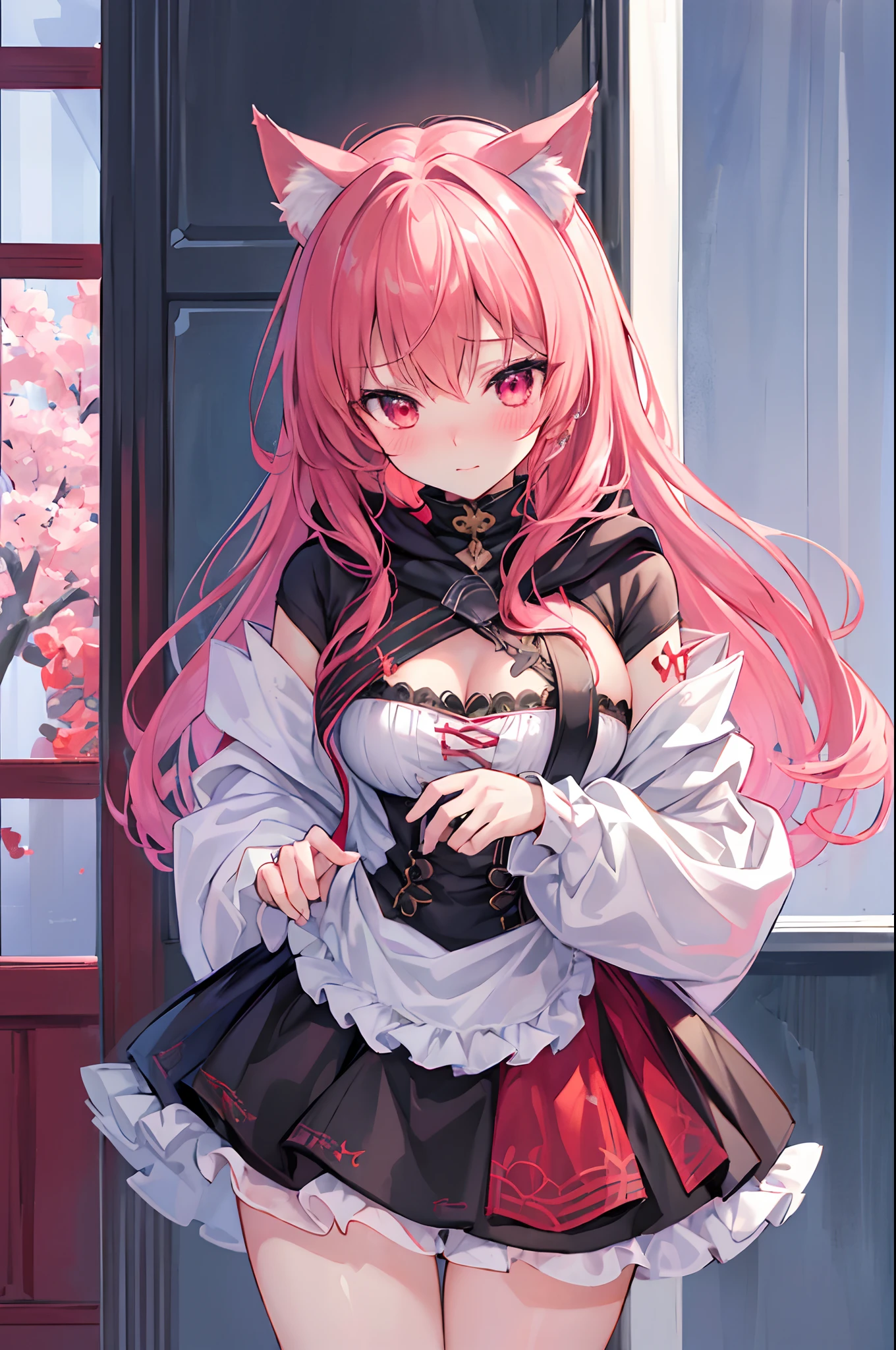 Anime girl with pink hair and a cat ears in a dress - SeaArt AI