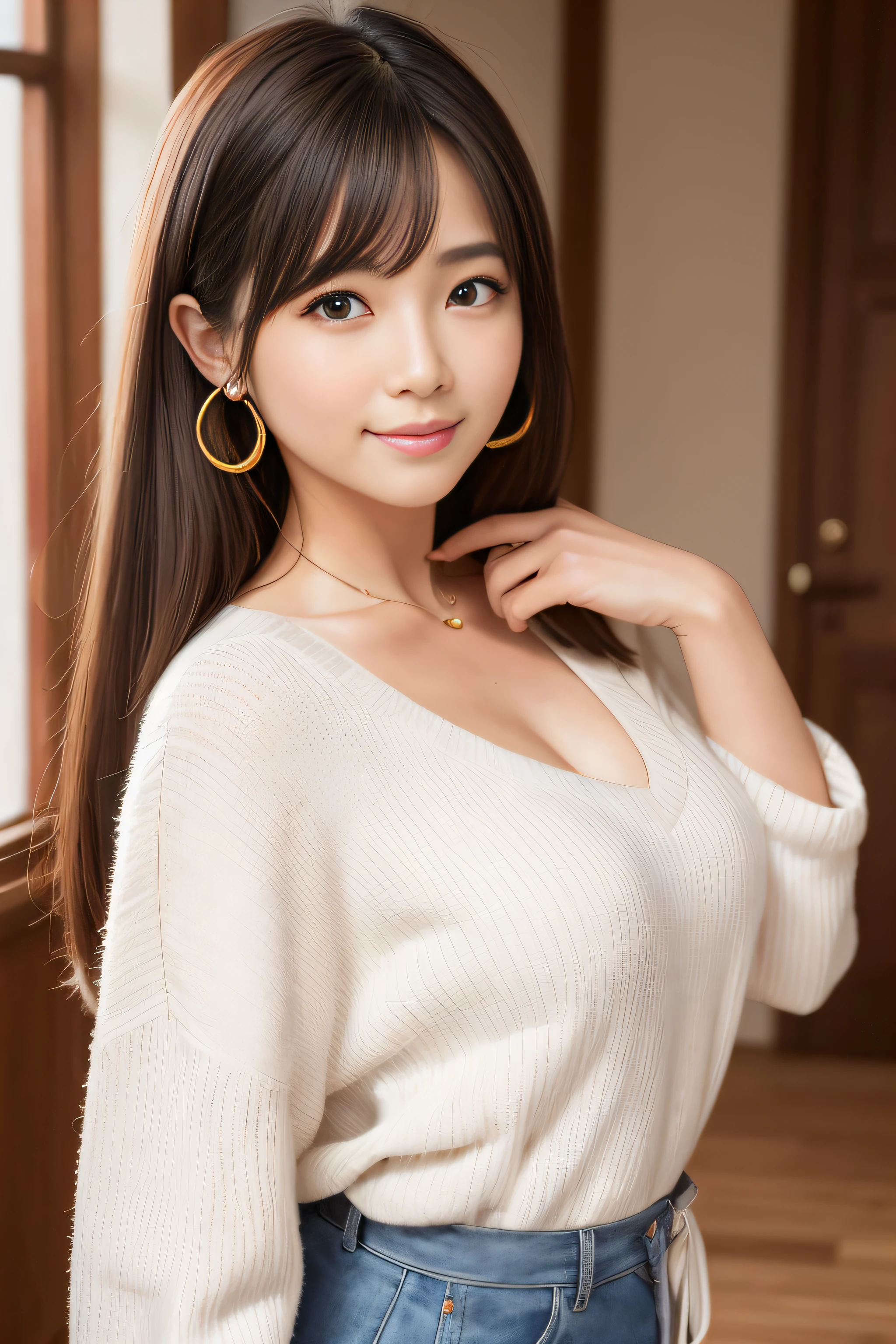 of the highest quality, masutepiece, 超A high resolution, (Photoreal: 1.4), Front view, Half body, western clothes, famous japanese actress, a very beautiful woman, Cute, Nice smile, Cinematic 35mm lens, F/1 .8, Accent Lighting, 8K, a room, Beautiful double eyes with equal left and right eyes, Hands down, poneyTail,Love