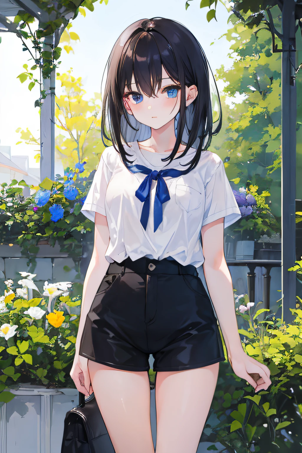 high school,Poolside,sun,1 girl,boyish,short hair,Black Hair,blue eyes,smile,Serious face,blush,Sweaty,Wet,Summer uniform,mini skirt,Cowboy shot with hands on hips,From below